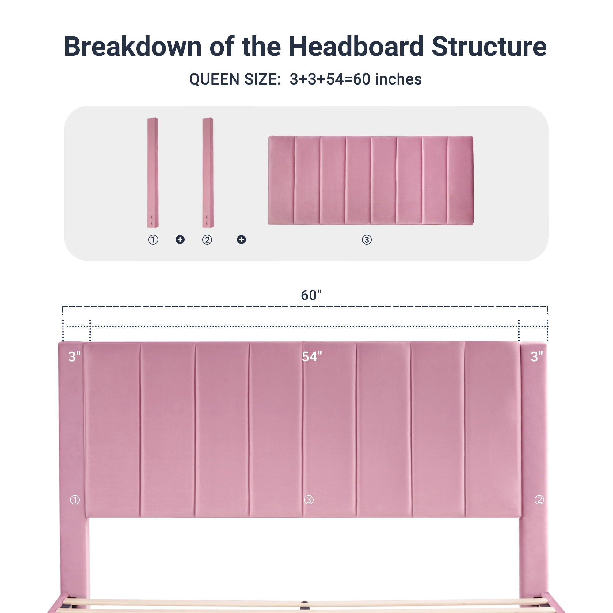 Allewie Queen Velvet Upholstered Bed Frame with Vertical Channel Tufted Headboard, Light Pink