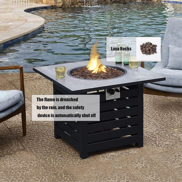 24 in. Black Frame Square 40,000 BTU Auto-Ignition Propane Fire Pit Table in Grey Tabletop with Waterproof Cover