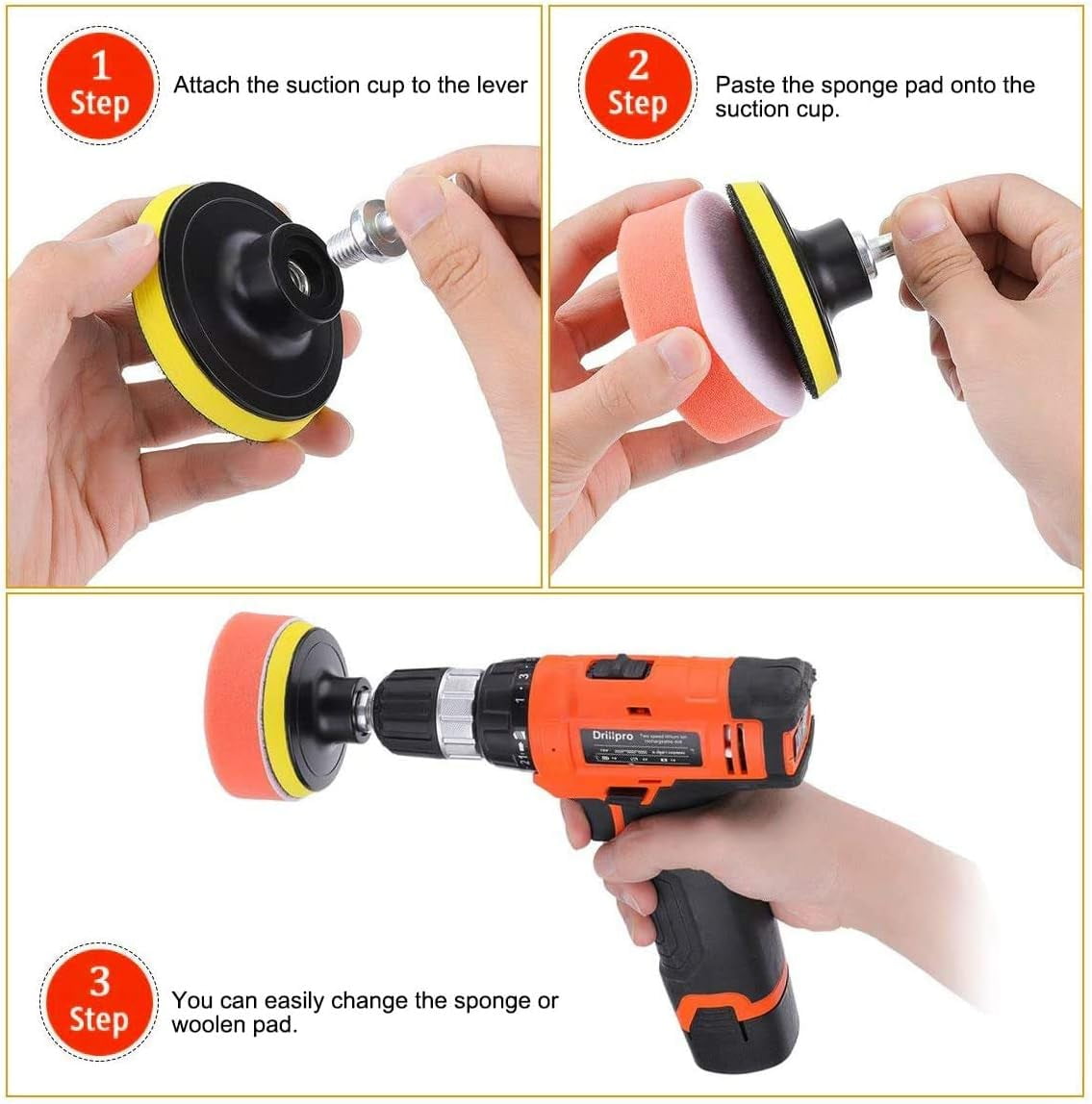 22 PCS Car Foam Drill Polishing Pad Kit, include 16 detailing sponges, 2 wool buffer pads, 2 drill adapters and suction cups, ideal for car sanding, polishing