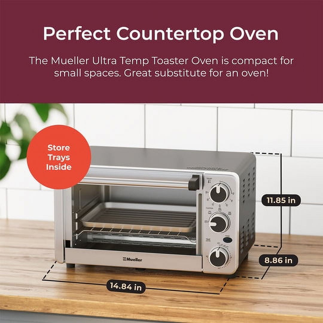 Mueller Toaster Oven with 30 Minute Timer - Toast - Bake - Broiler Settings, Stainless Steel, Natural Convection, Fits 9 inch Pizza, 4 Slice Toaster, 1100 W