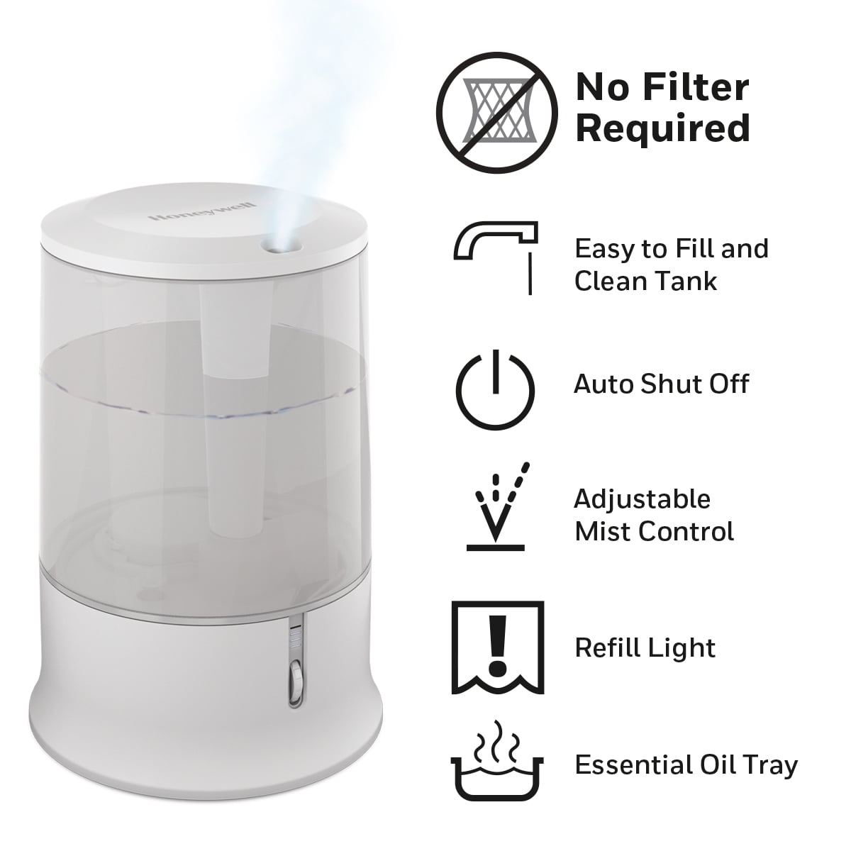 Honeywell Ultra Quiet Cool Mist Humidifier, 400 sq ft, White, HUL233W