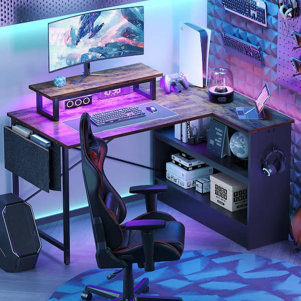 42.1 in. LED Gaming Desk with Storage Shelf and Monitor Stand Rustic Brown