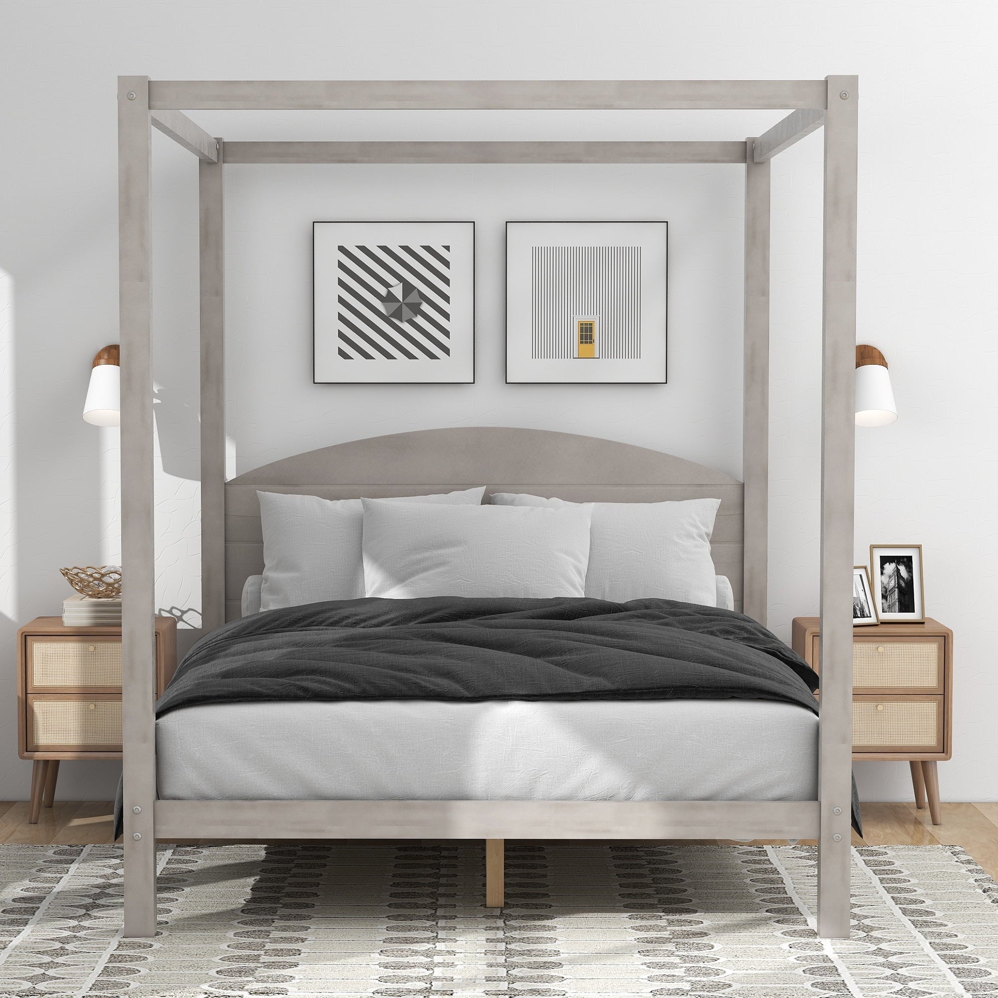 Queen Canopy Platform Bed with Built-in Headboard, Queen 4-Post Canopy Bed Frame with Center Legs and Under-bed Storage Space, Strong Wood Slats Support, Noiae Free, No Box Spring Needed, Grey Wash
