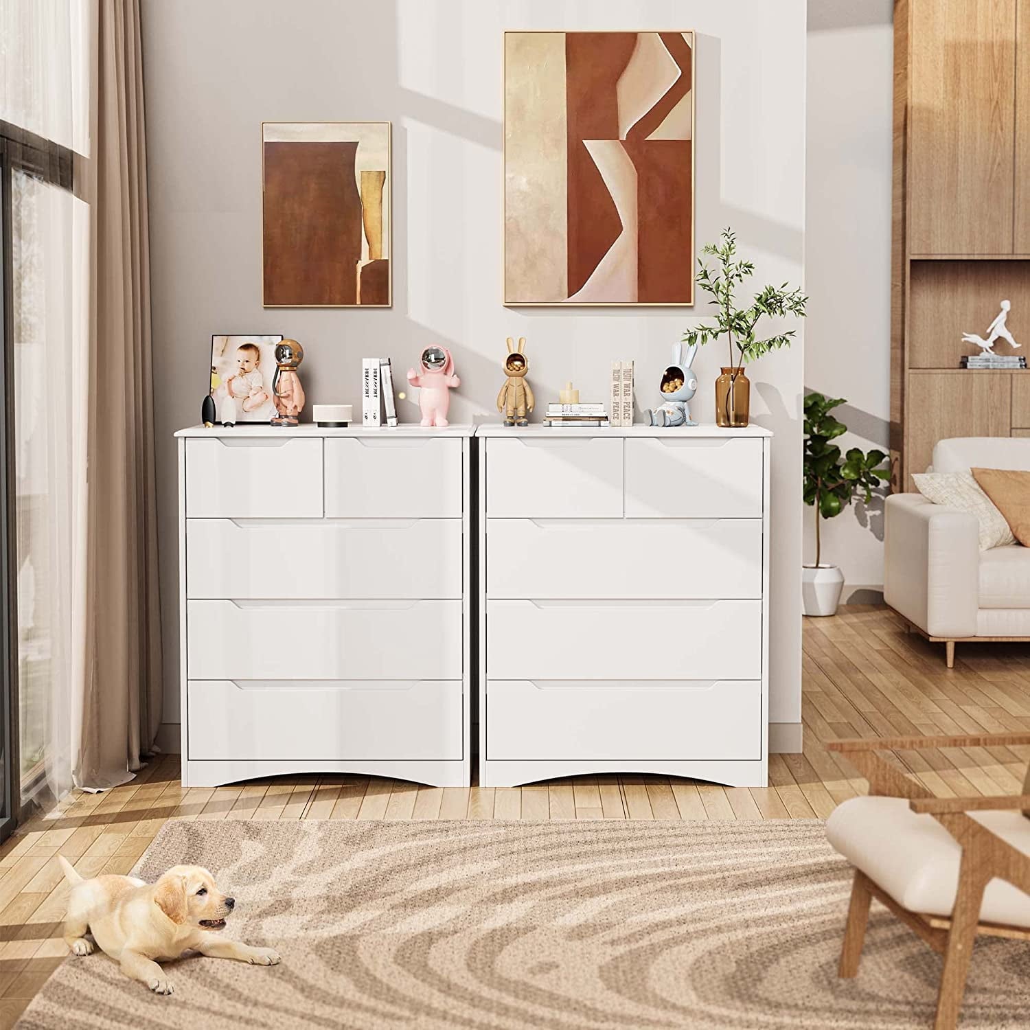 Dresser for Bedroom, Lofka 5 Storage Drawer Chest and Organizer with Cutout Handles for Bedroom, White