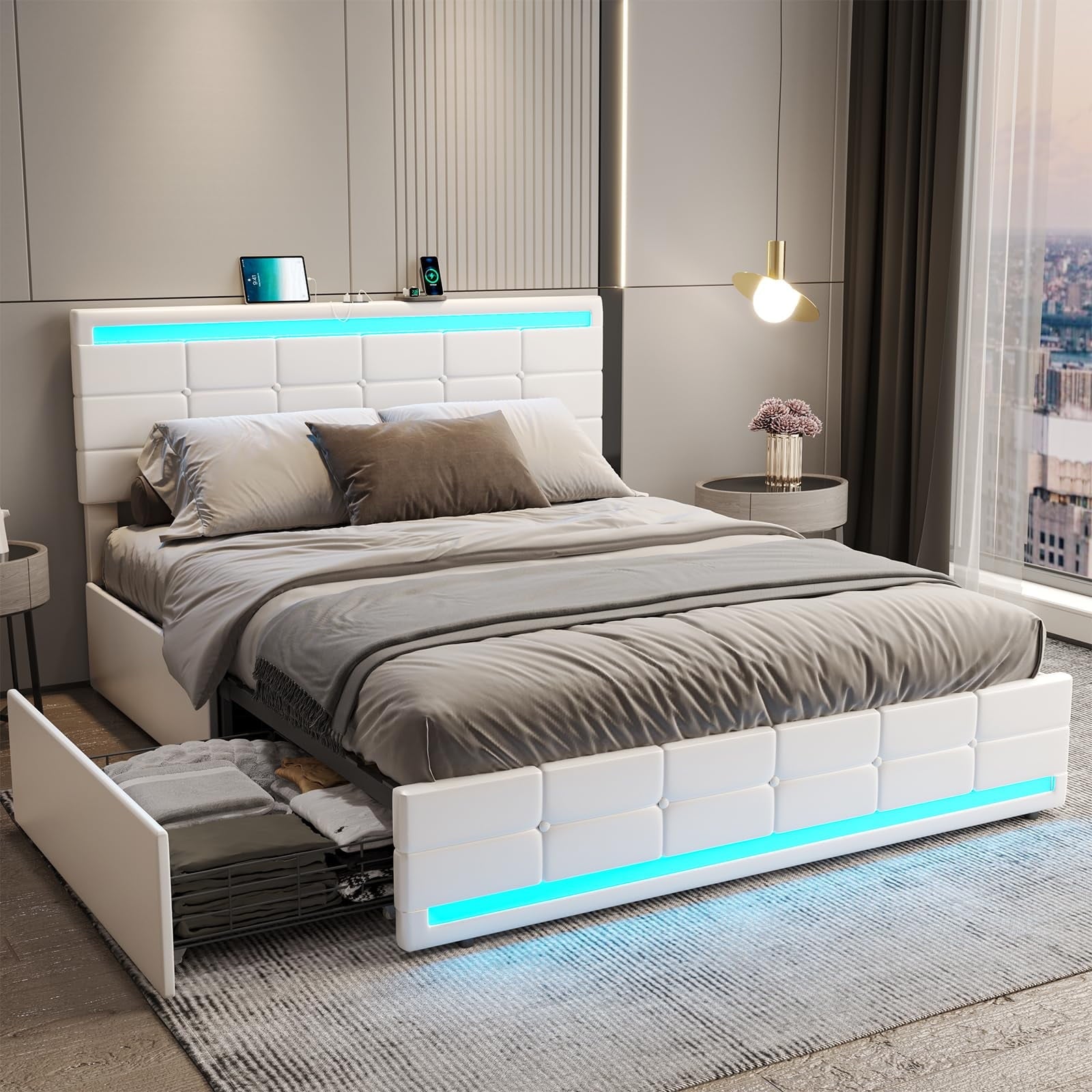 Queen Platform Bed Frame with 4 Drawers Storage and Headboard, Pu Leather Upholstered LED Bed Frame with 2 USB Charging Station & Wood Slat Support,White