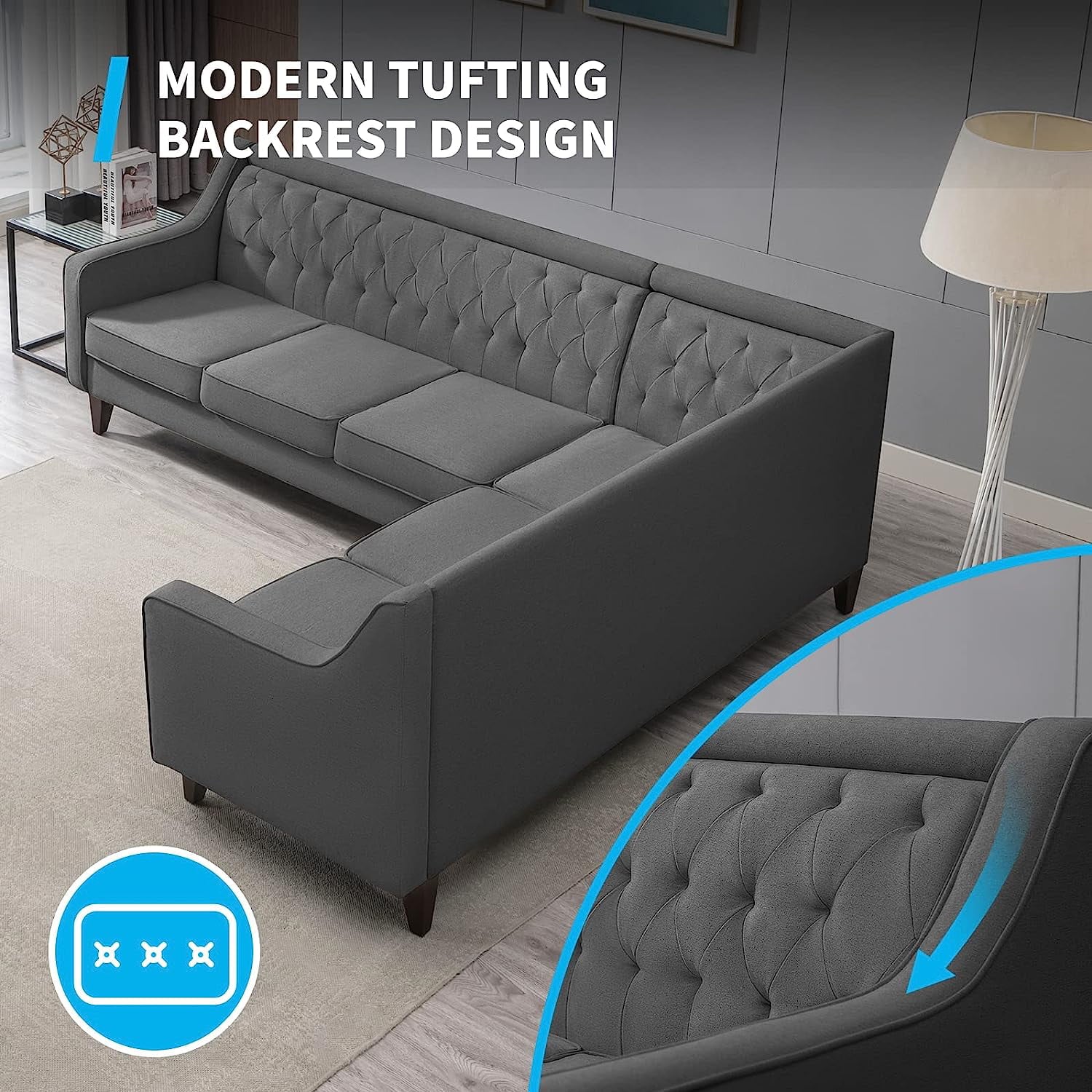 BALUS L Shaped Sofa Couch, Sectional Couches for Living Room, 6-seat Sofa Couch Has Button Tufted Backrest, U Shape Grey Sofa for Living Room/Apartment/Office (Dark Grey)