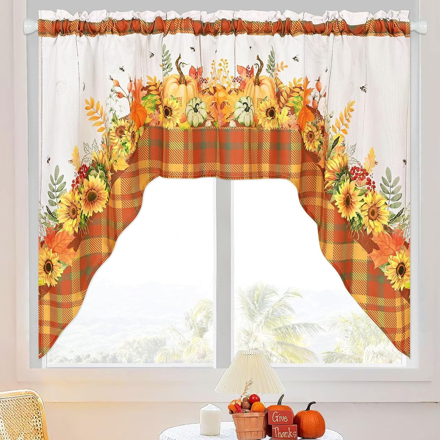 Alishomtll Fall Thanksgiving Valance Curtains for Kitchen Swag Pumpkin Sunflower Window Drapes,61