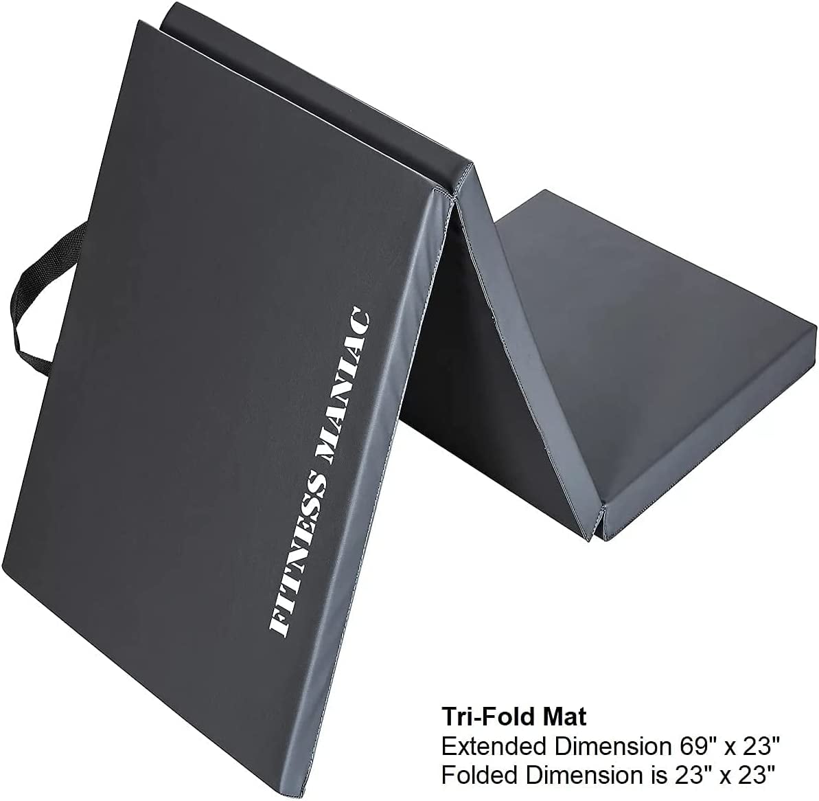 Fitness Maniac USA HIGH-DENSITY Firm Folding Panel Gymnastics Mat Gym Exercise Yoga Tri Mat Pad Black Exercise Mats Extended Dimension 69 x 23 Inches