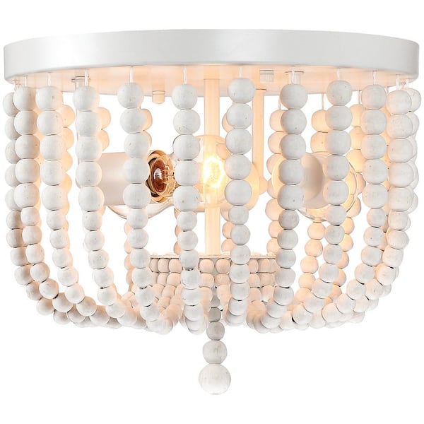 12.6 in. 3-Light Bohemia Antique White Wood Beaded Flush Mount Ceiling Light