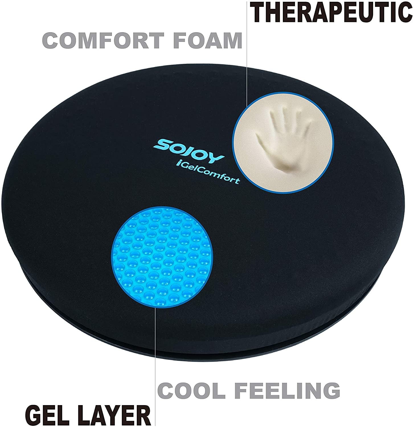 Sojoy Gel Swivel Car Seat Cushion Memory Foam Cooling  Cushion 360 Degree Rotating Chair Cushion For Car Home(15*15*2.5)