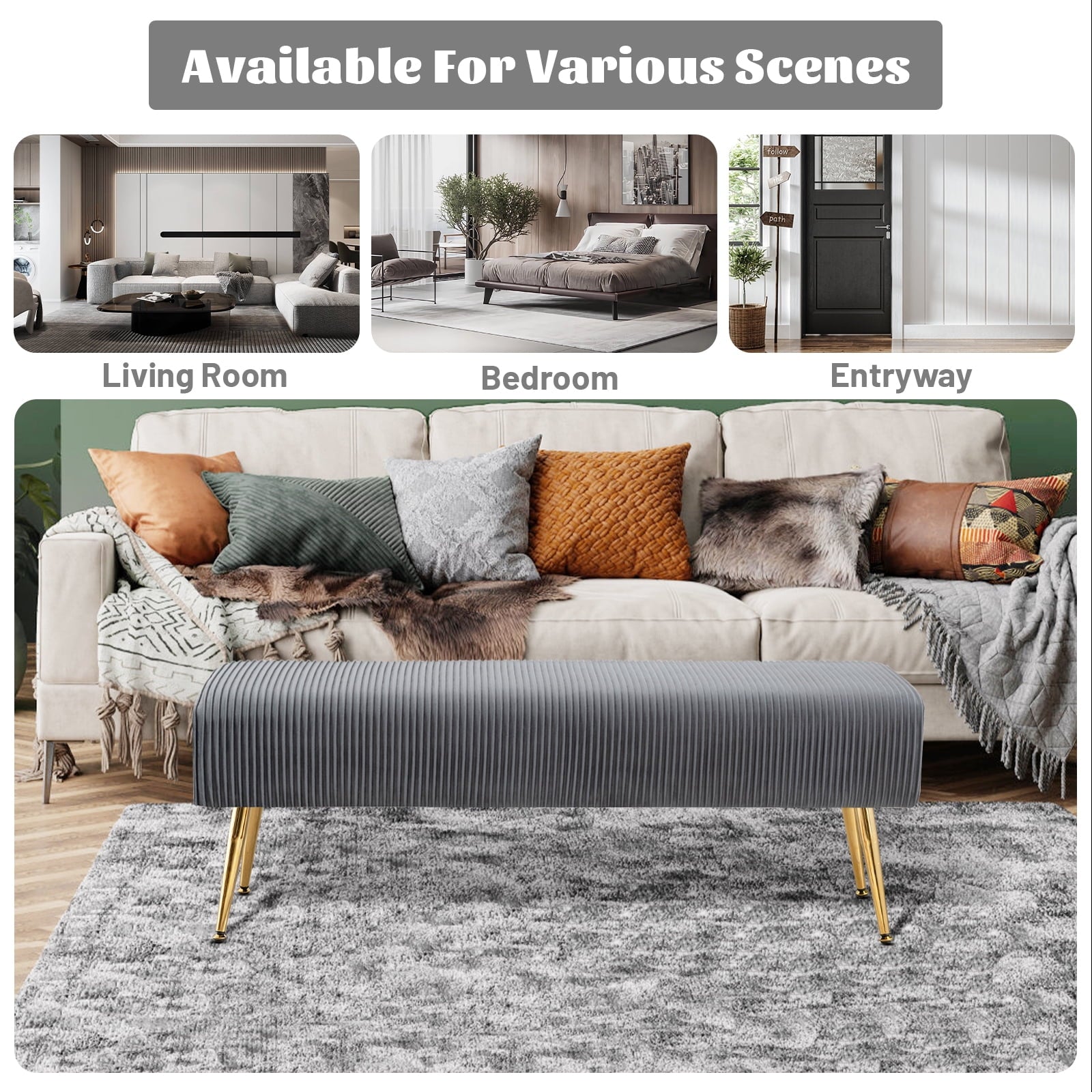 Furniliving Bedroom  Bench Modern Entryway  Bench Upholstered Ottoman Shoe Bench, Grey