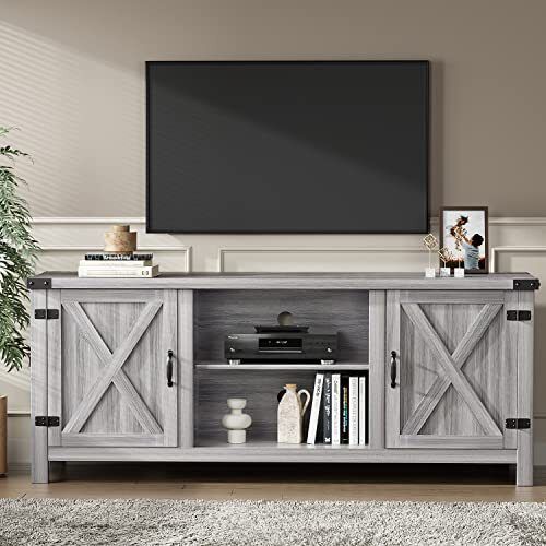 Modern Farmhouse Tv Stand With Two Barn Doors And Storage Cabinets For Televisio