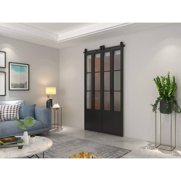 48 in. x 84 in. Frosted Glass Solid Core Black Steel Frame Double Bi-Fold Barn Doors with Hardware Kit and Door Handle