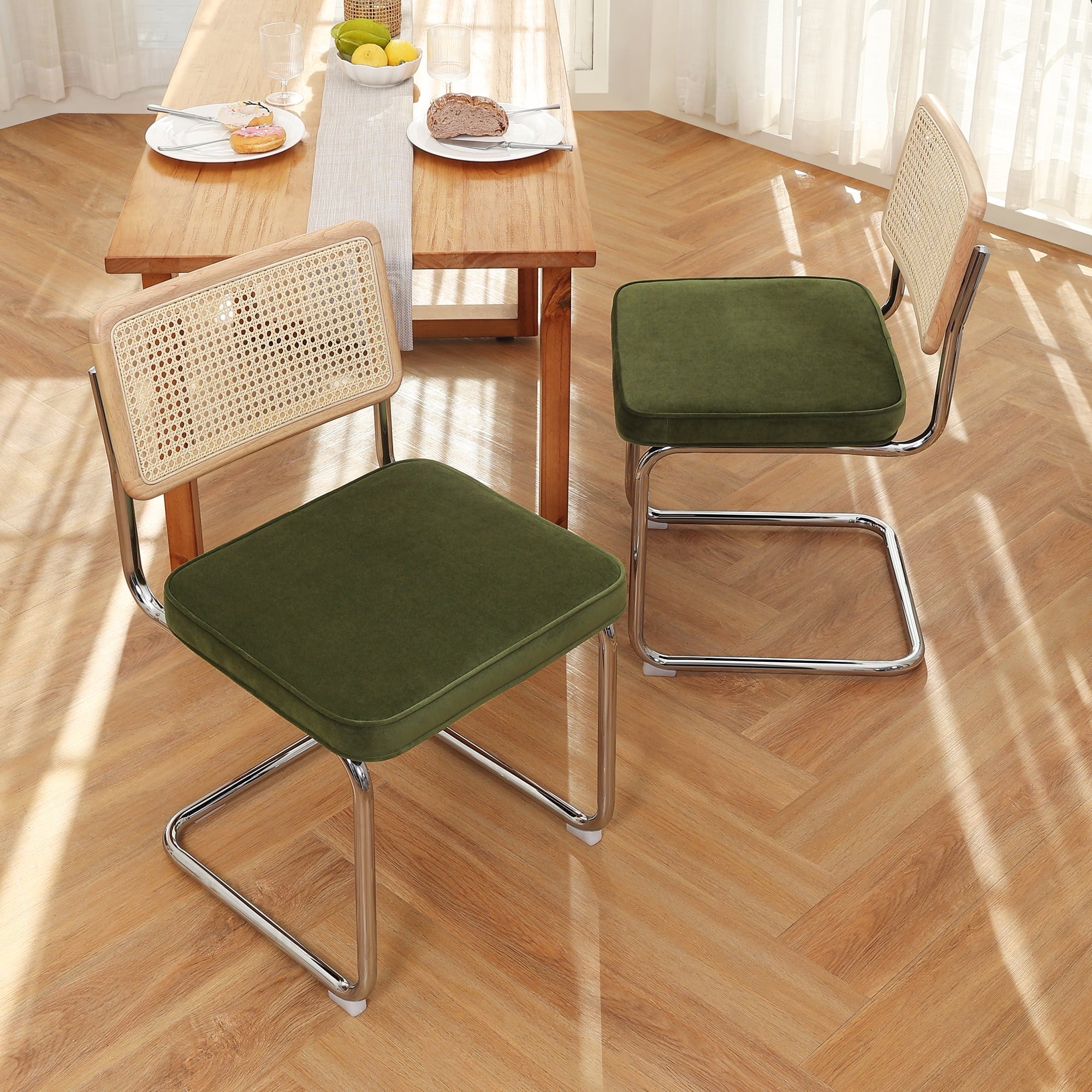 Zesthouse Rattan Dining Chairs Set of 2, Velvet Upholstered Side Chairs with Cane Back and Chrome Legs, Mid-Century Modern Dining Living Room Kitchen Chairs, Green