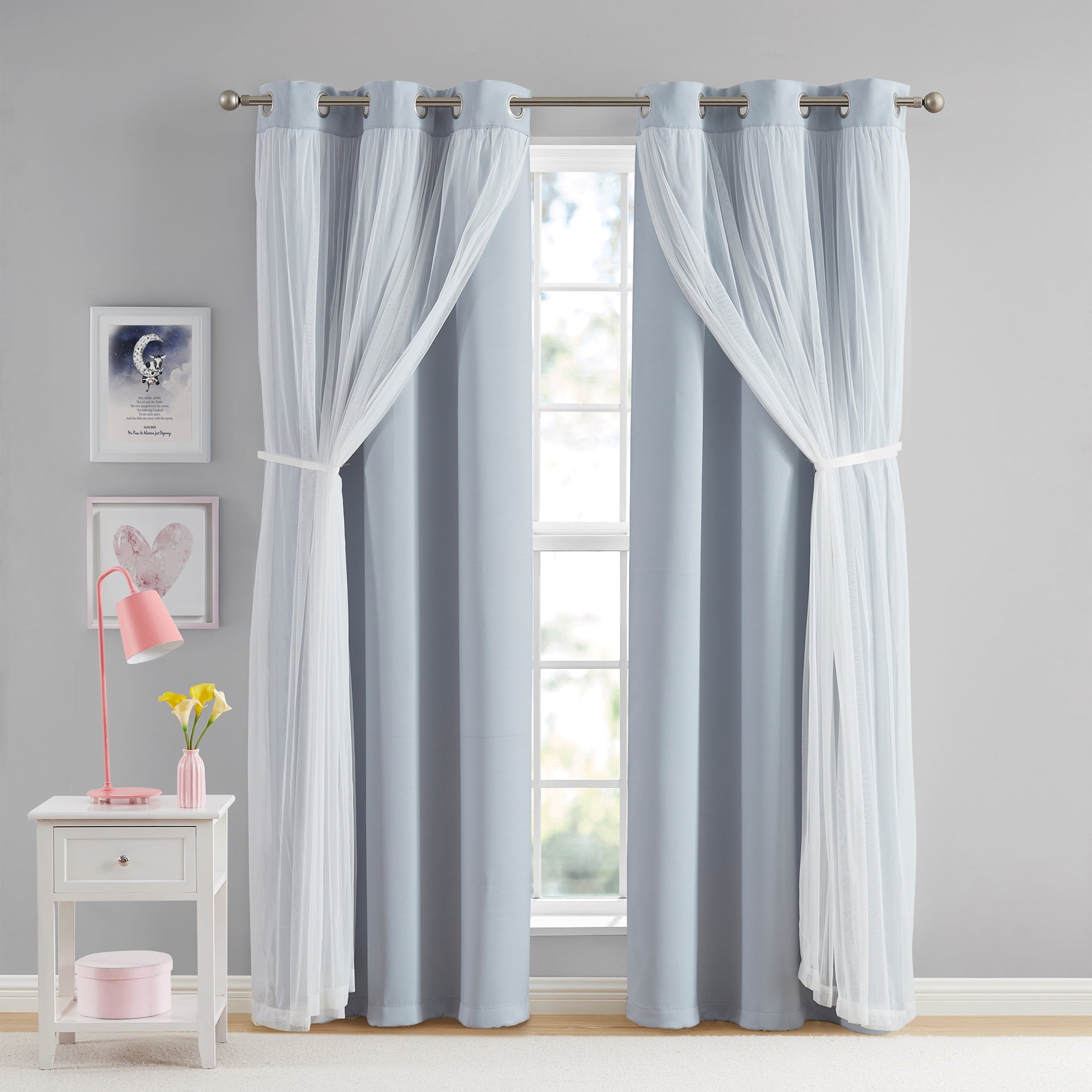Your Zone Grey Blackout with Sheer Overlay Grommet Curtain Panel, 37