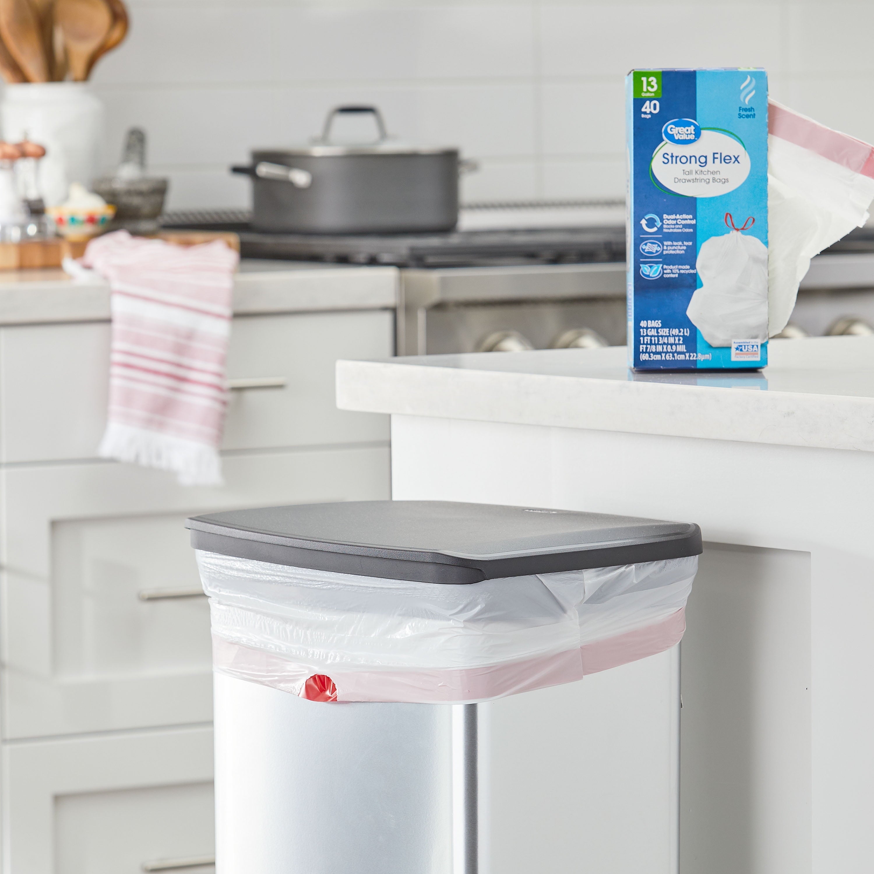 Great Value 13-Gallon White Strong Flex Drawstring Tall Kitchen Garbage Bags, Fresh Scent, 40 Bags