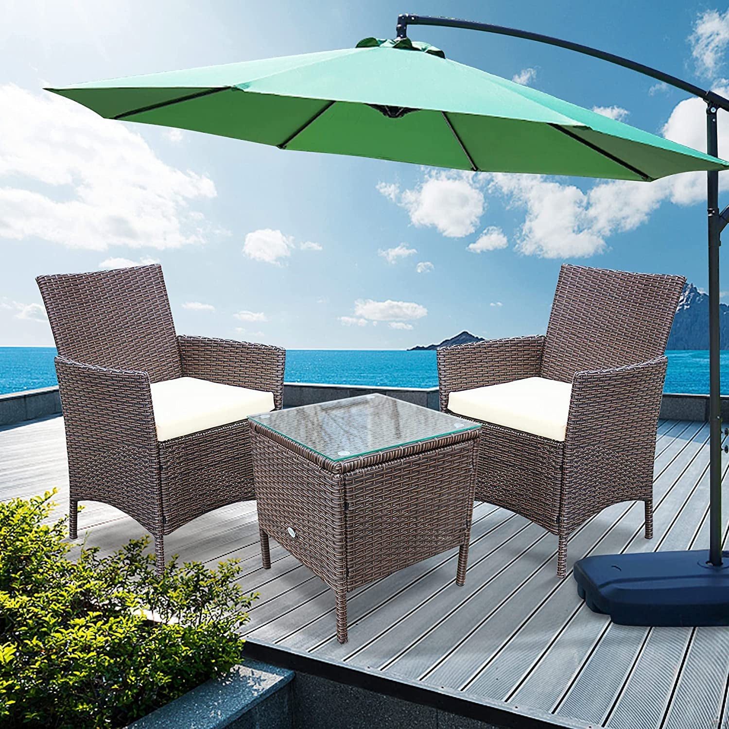 Devoko 3 Pieces Outdoor Furniture Sets Rattan Wicker Chairs Patio Conversation Set, Beige