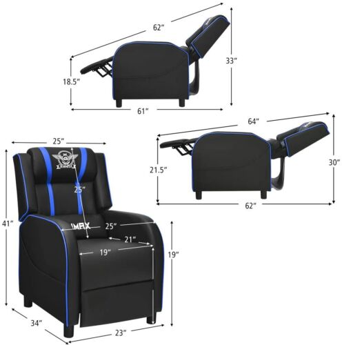 Gaming Chair Recliner Massage PU Leather Control Adjustable Side Pouch Blue