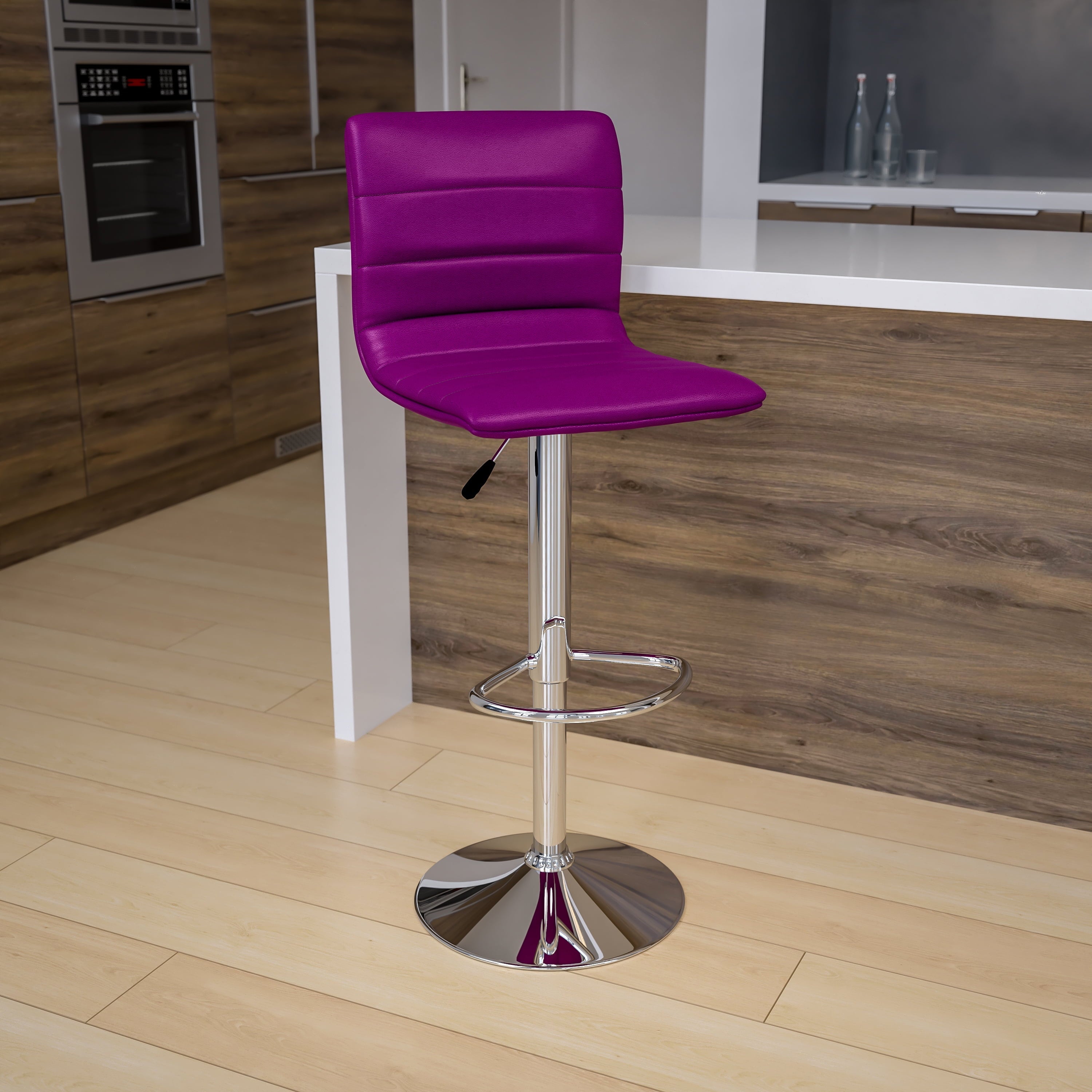 Flash Furniture Betsy Modern Purple Vinyl Adjustable Bar Stool with Back, Counter Height Swivel Stool with Chrome Pedestal Base