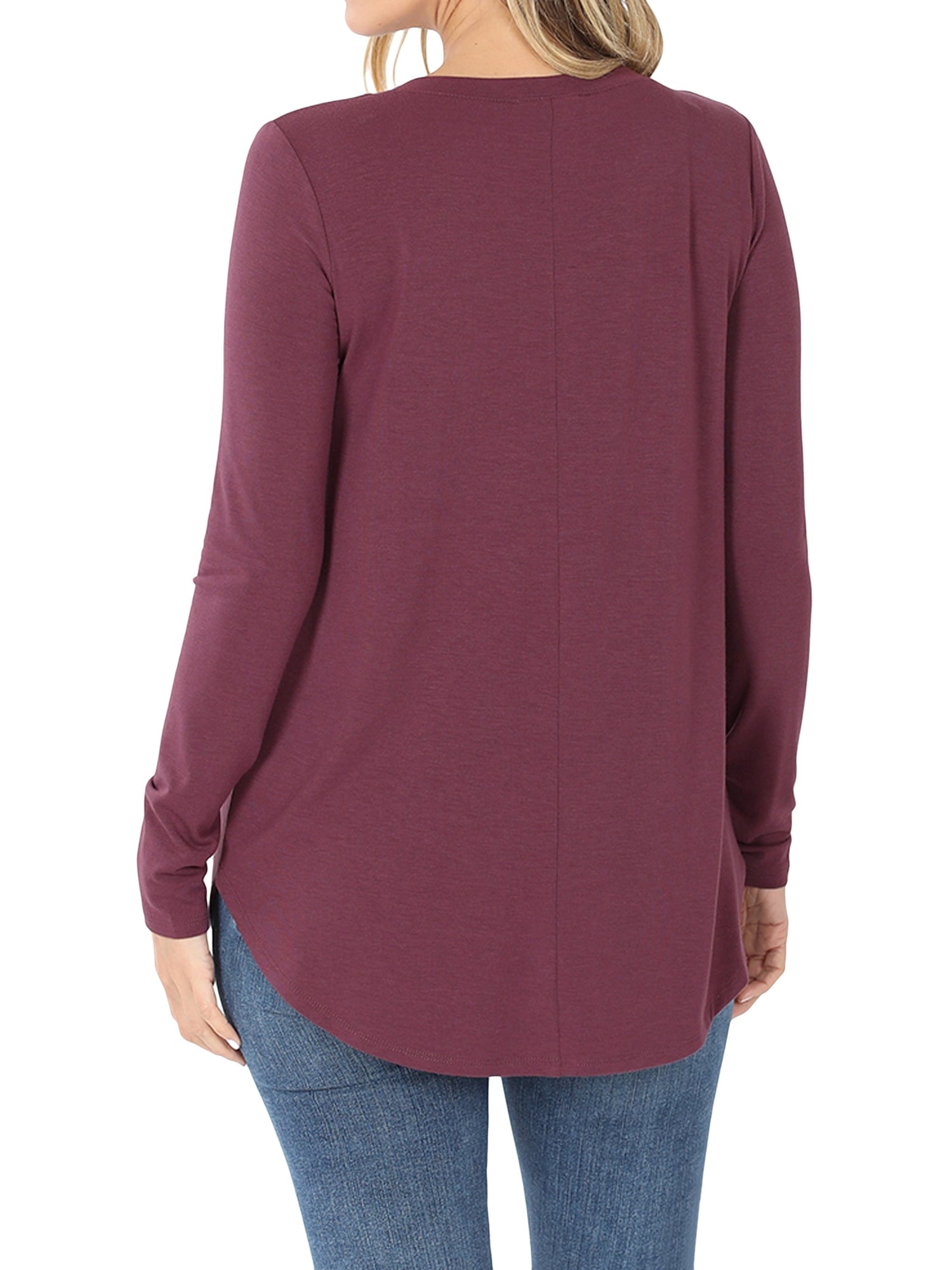 Women & Plus(S-3X) Relaxed Fit Long Sleeve V-Neck Round Hem Jersey Tee Shirt Top (Single & Multi-Packs Available)