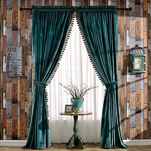 Set Of 2 Pom Pom Velvet Thermal Insulated Rod Pocket Curtains For Bedroom 52x96