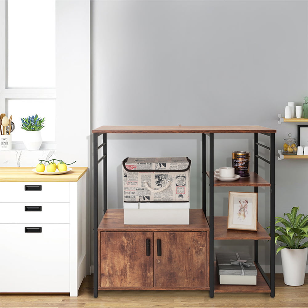 Kitchen Baker's Rack with Storage and 8 Hooks, 4 Tier Microwave Stand with Cabinet, Coffee Bar Station for Small Space, Rustic Brown