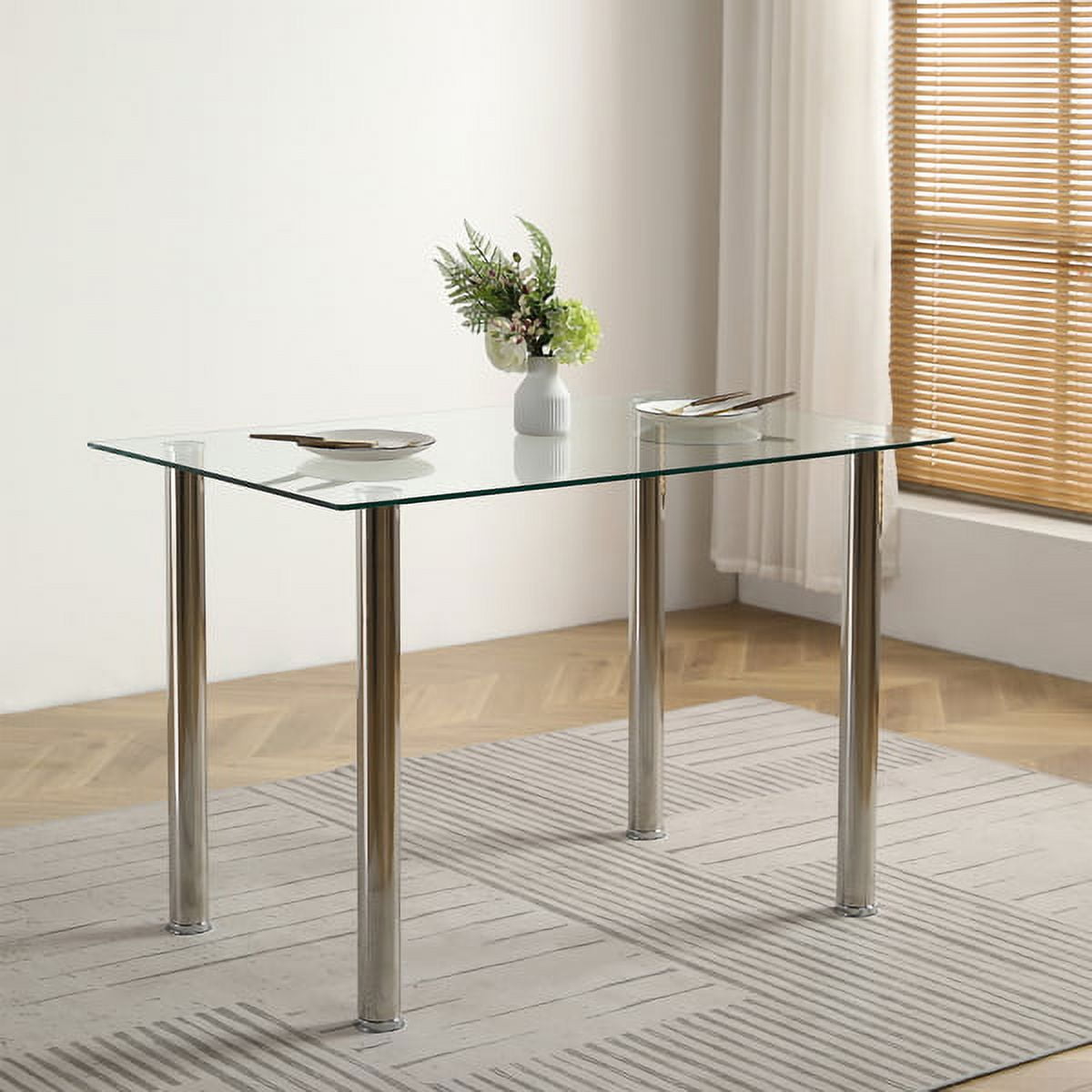 4-seat Simple 日ectangular Cylindrical Leg Table Tempered Glass Stainless Steel Clear Glass 110 * 70 * 75cm