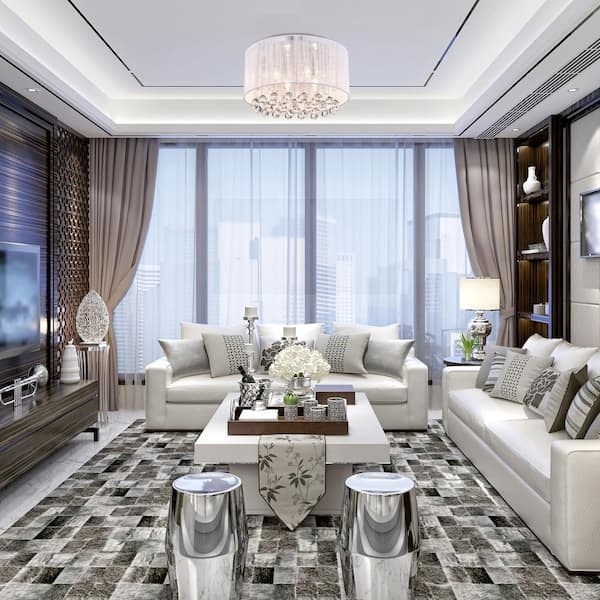 Belle 4-Light Chrome Flush Mount with White Threaded Drum Shade and Clear Glass Hanging Crystals