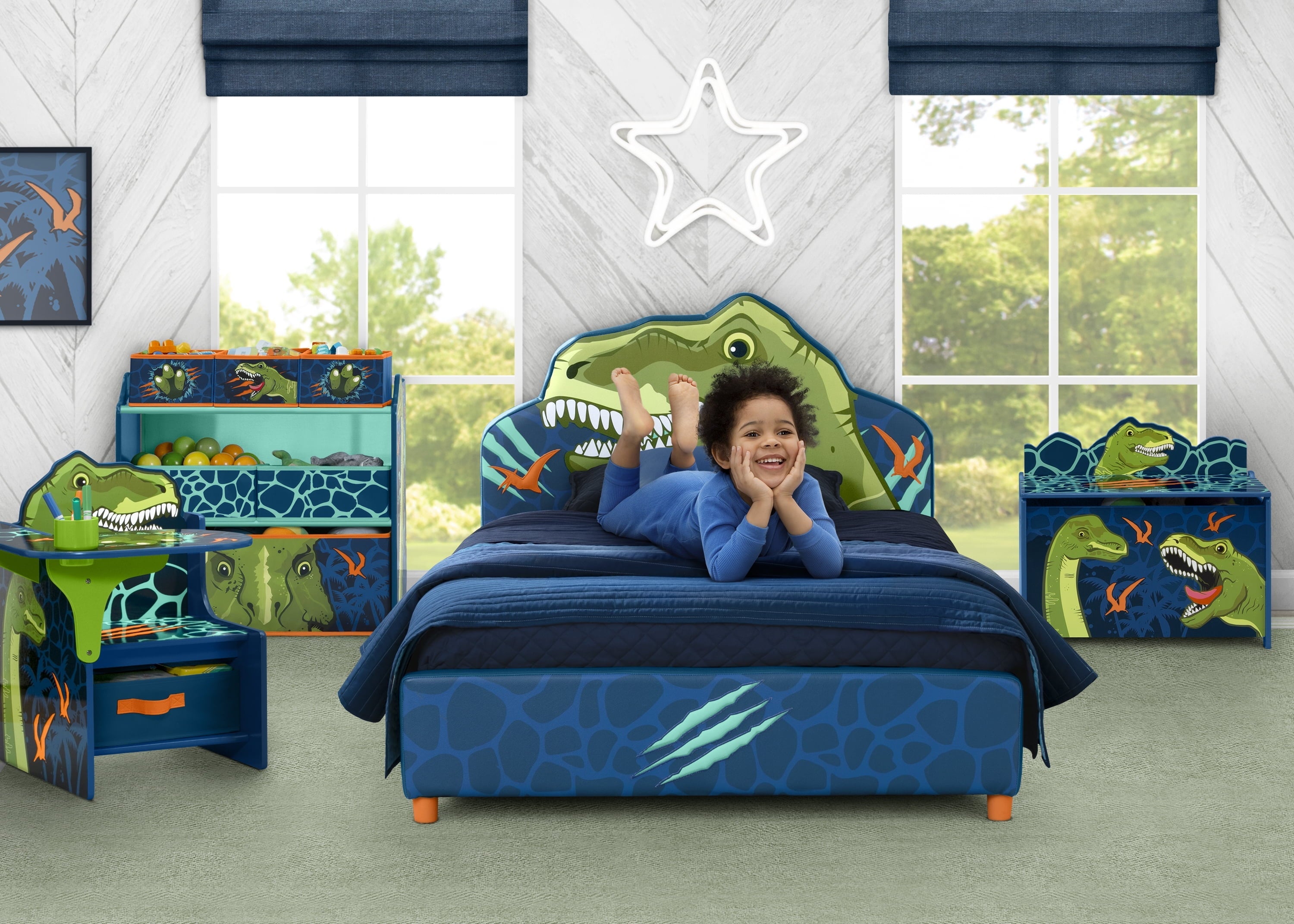 Delta Children Dinosaur Upholstered Twin Bed, Blue