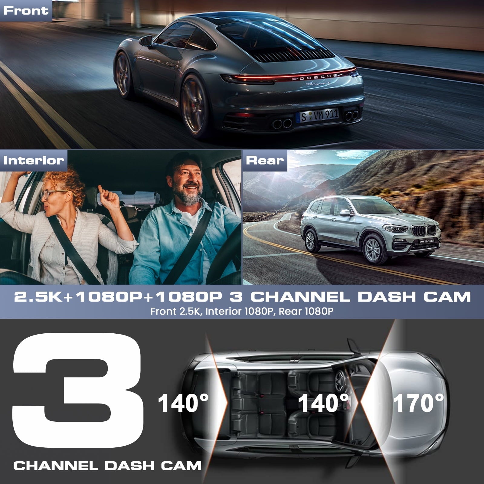 AUOSHI 3 Channel Dual Dash Cam Front Rear 4K/2.5K+1080P 3.16