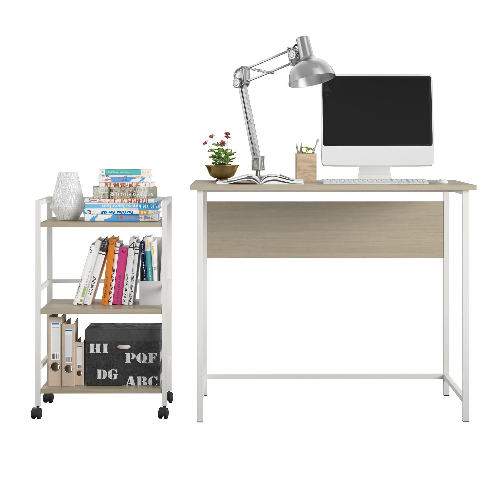 Mainstays Bryant Desk with Rolling Cart, Pale Oak/White