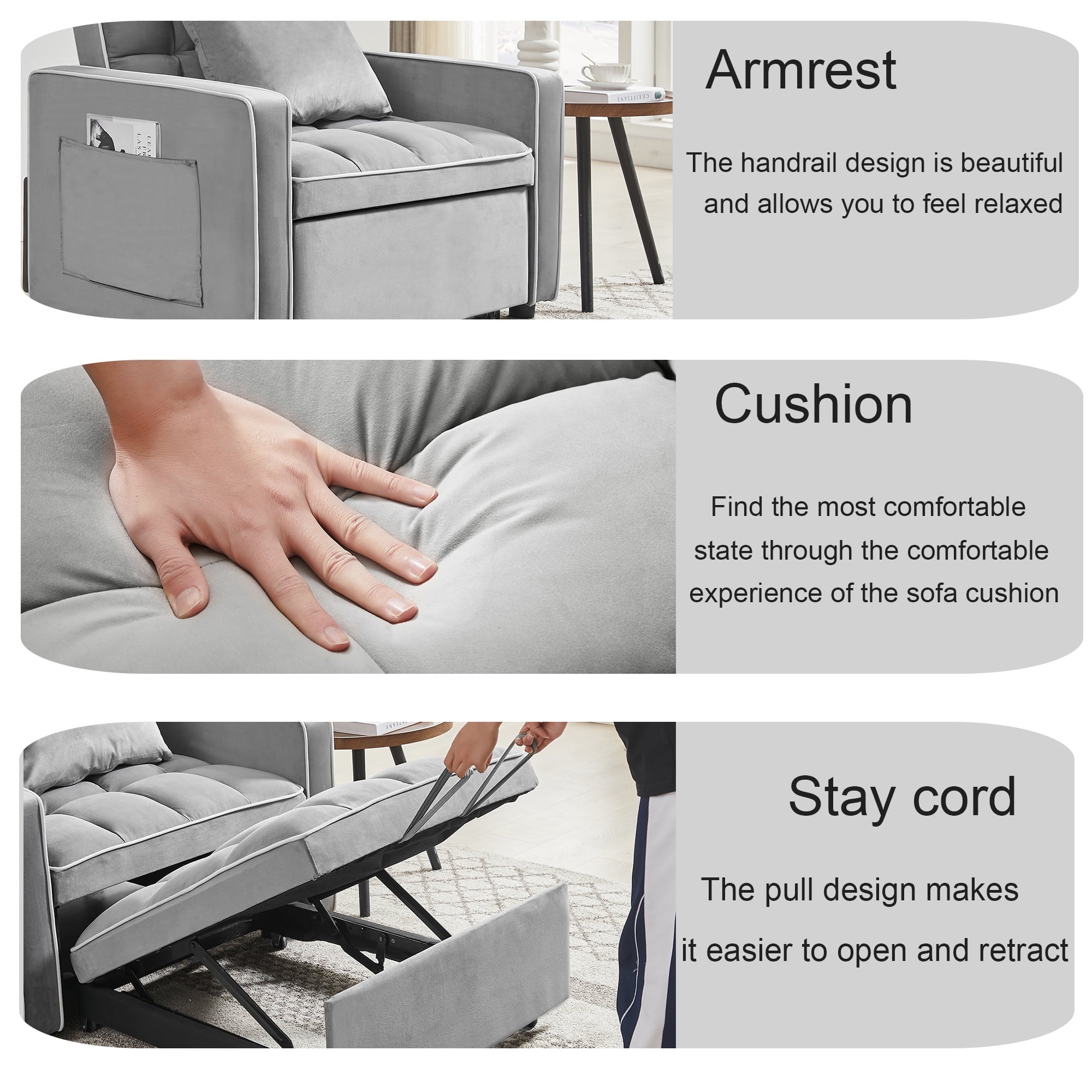 Muumblus Sleeper Sofa Chair Bed, 3-in-1 Convertible Sofa Chair with Pull Out Bed, Modern Adult Velvet Pull Out Sofa Bed for Living Room Apartment Small, Gray