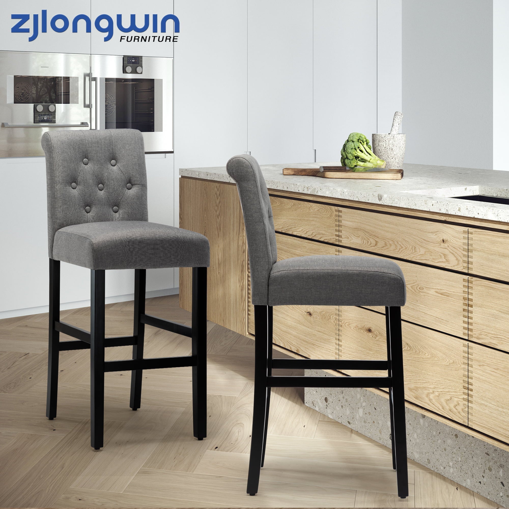 Bar Height Full Back Button Tufted Fabric Upholstered Bar Stool, Gray, Set of 2