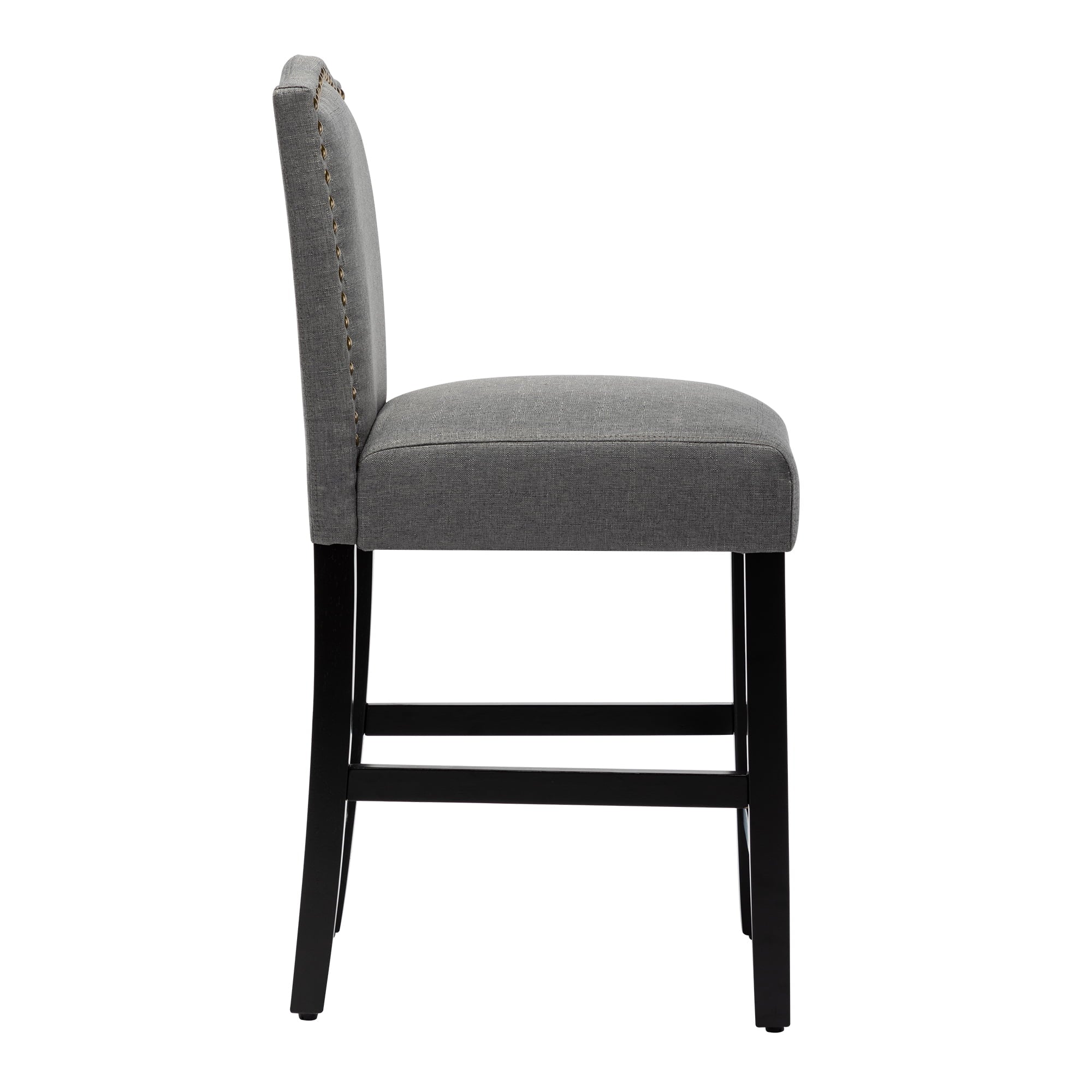 Wooden Counter Height Fabric Upholstered Bar Stool with Nail Head Trim, Gray, Set of 2