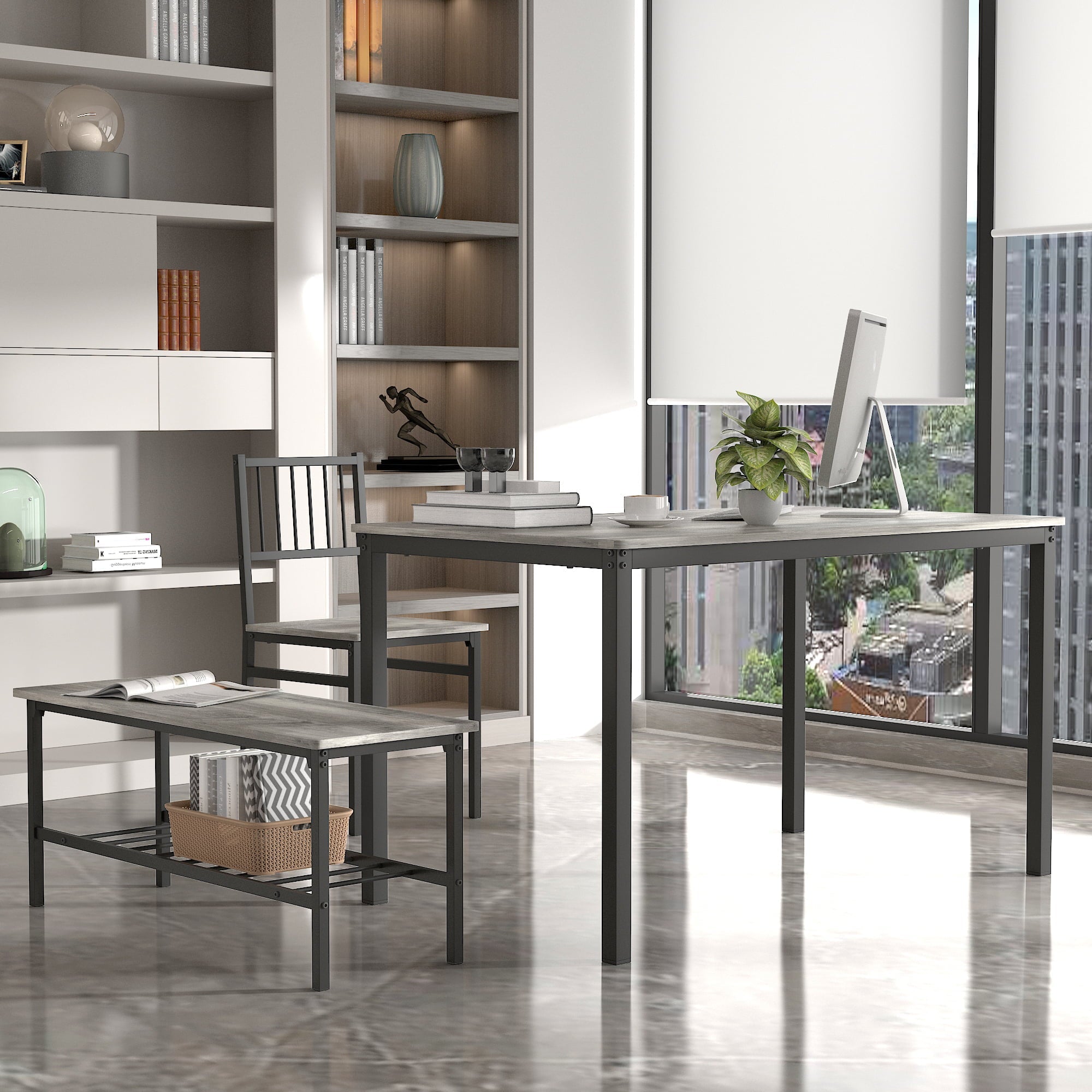 Dining Table Set, 4 Piece Dining Room Table Set for Small Spaces, Kitchen Table with 2 Chairs and a Long Bench, Space-Saving Table Set for Kitchen, Dining Room, Restaurant - Easy to Assemble