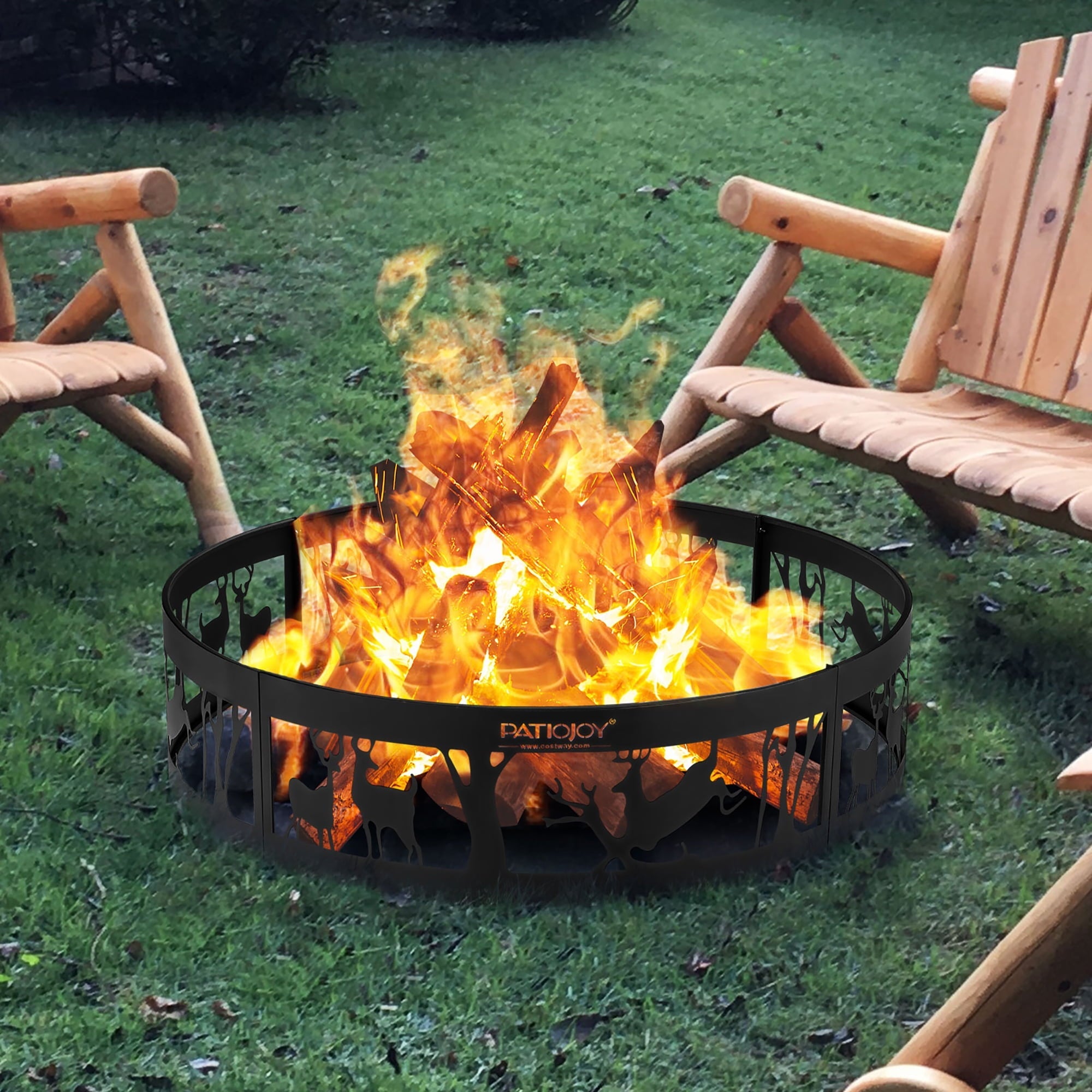 Costway 36'' Metal Fire Pit Ring Deer w/Extra Poker Bonfire Liner for Campfire