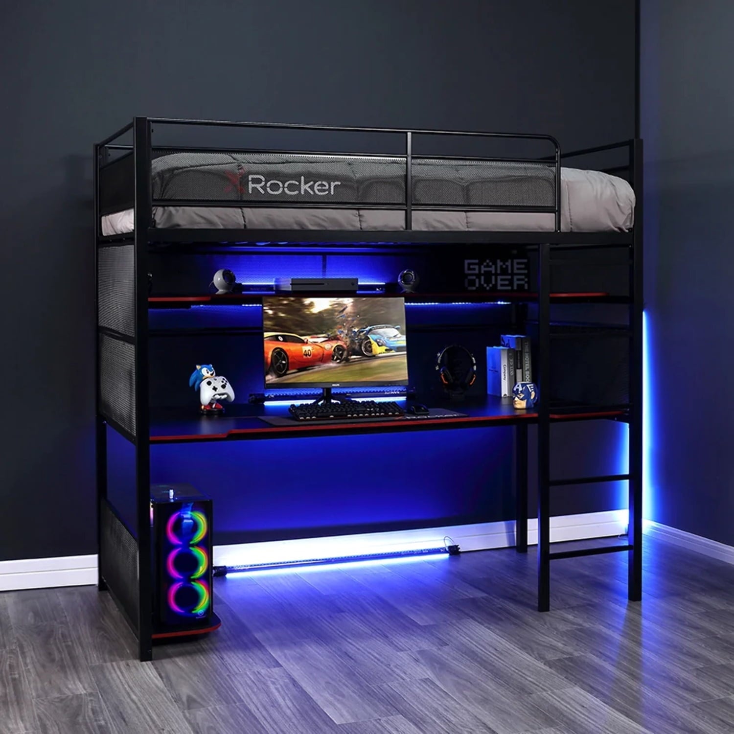 X Rocker Gaming Bunk Bed, Metal, Shelves, Twin, Black, Teen