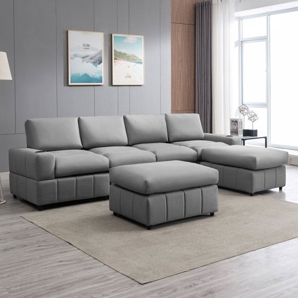 BALUS Modern U/L Shape Faux Leather Sectional Sofa, Modular Tufted Lounge Couch Set with Ottomans, Modern Upholstered Furniture for Living Room, Light Gray
