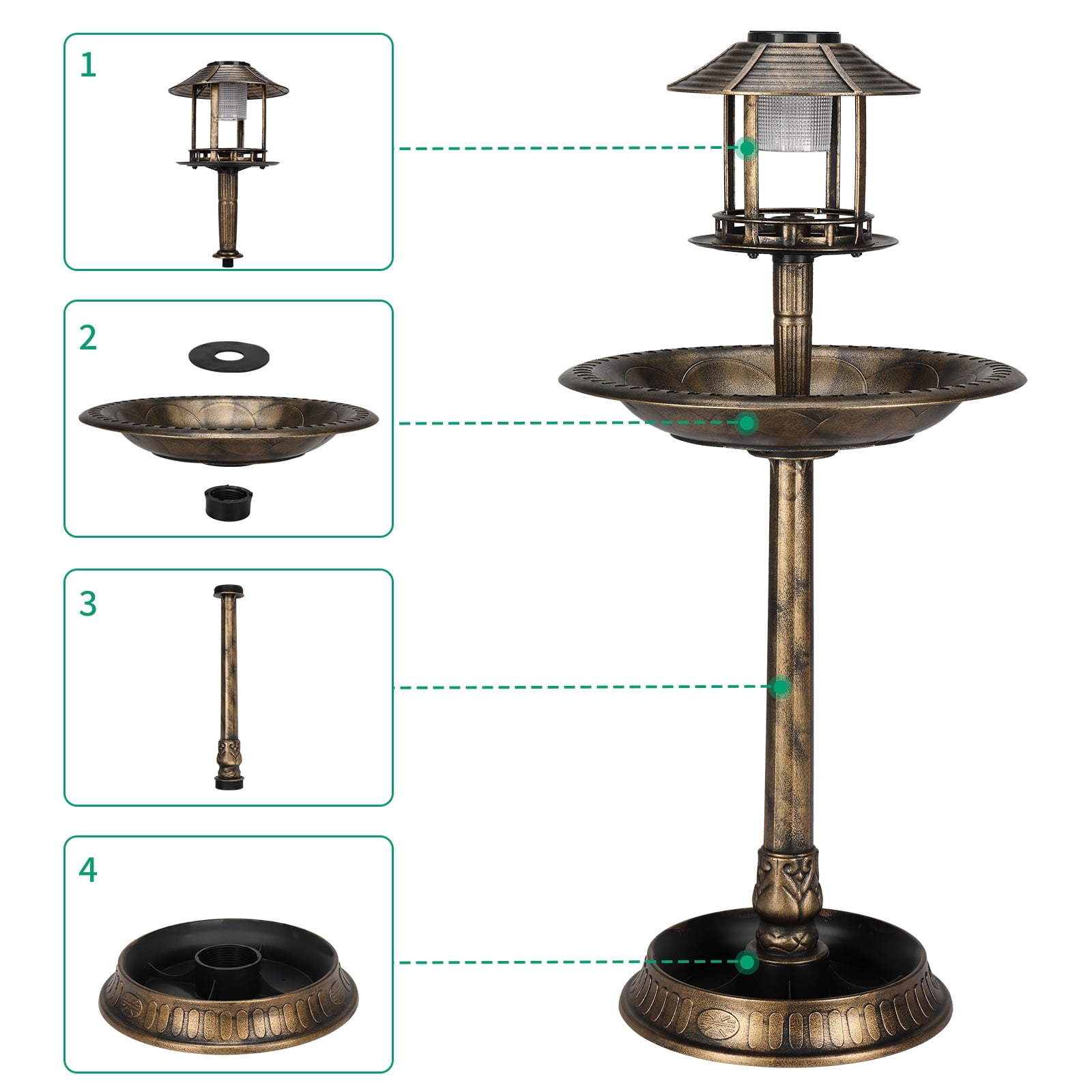 Winado 42 Inch Bird Bath with Solar Light Antique Copper Weather Resistant Birdbaths