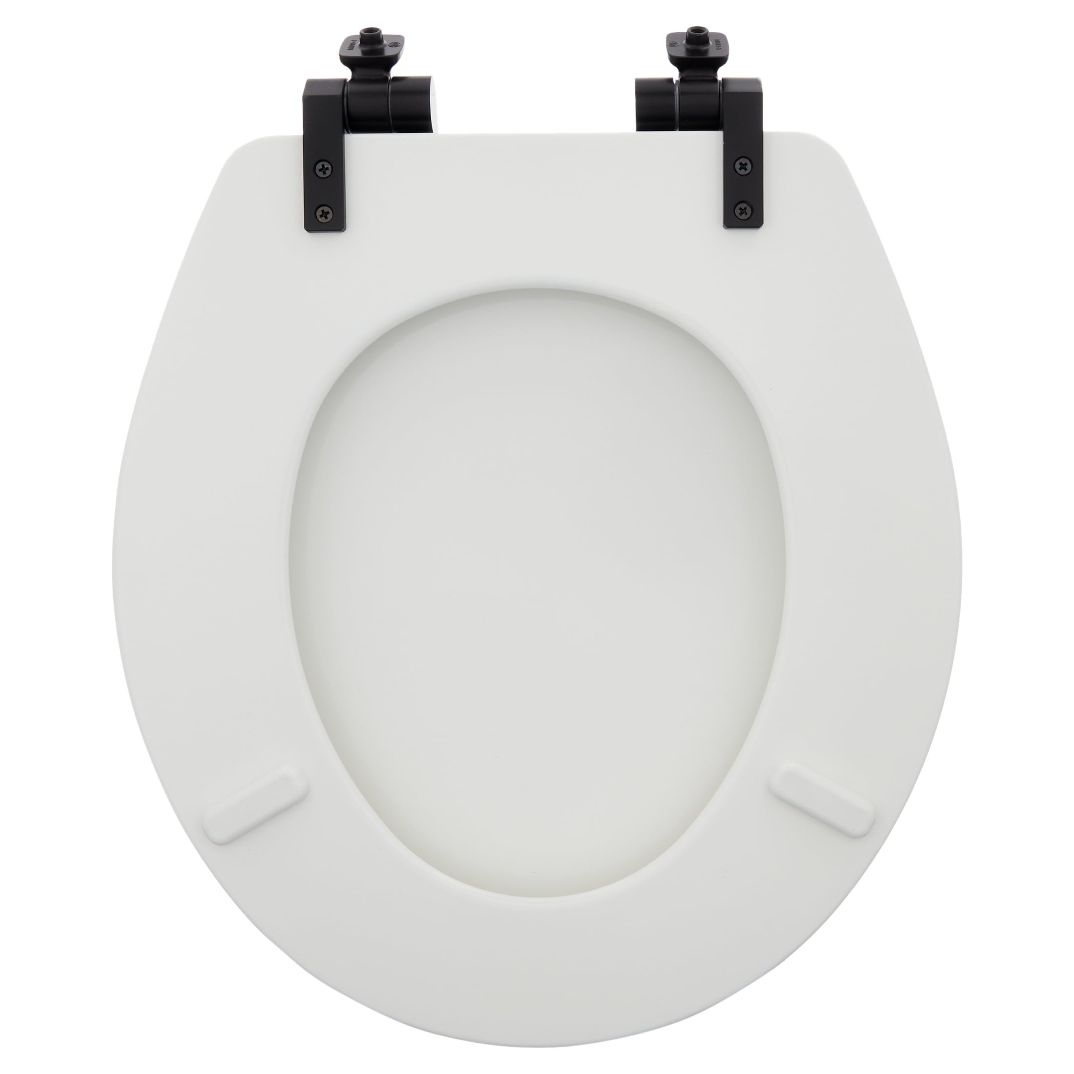 Mayfair Benton? Round Enameled Wood Toilet Seat in White with STA-TITE? Seat Fastening System? and Whisper•Close? Matte Black Metal Hinge