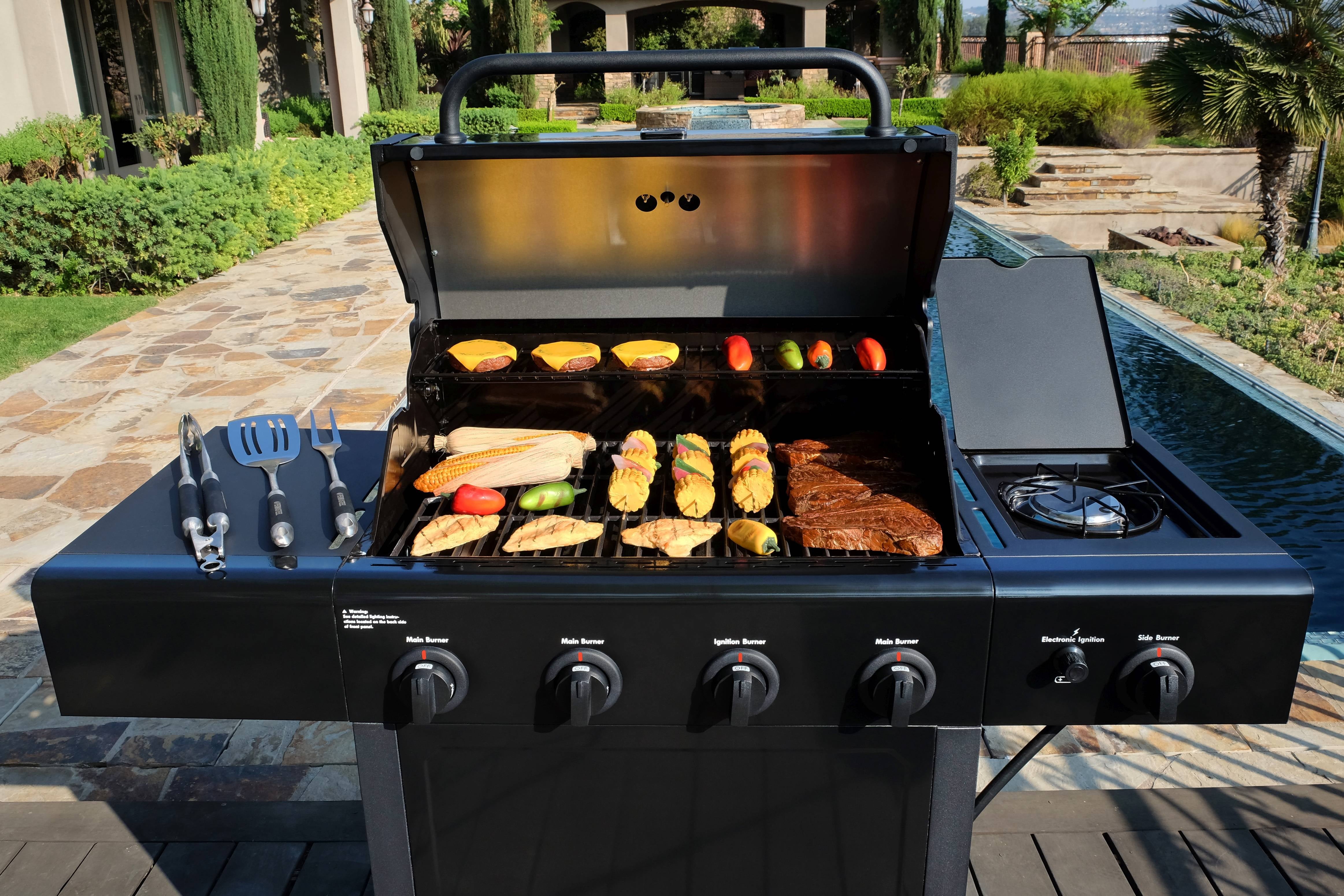 Kenmore 4-Burner Outdoor Propane Gas Grill with Side Burner, Open Cart, Black