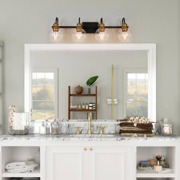 Modern Black Wall Light 29.5 in. 4-Light Bronze and Antique Gold Bathroom Brass Vanity Light with Globe Glass Shades