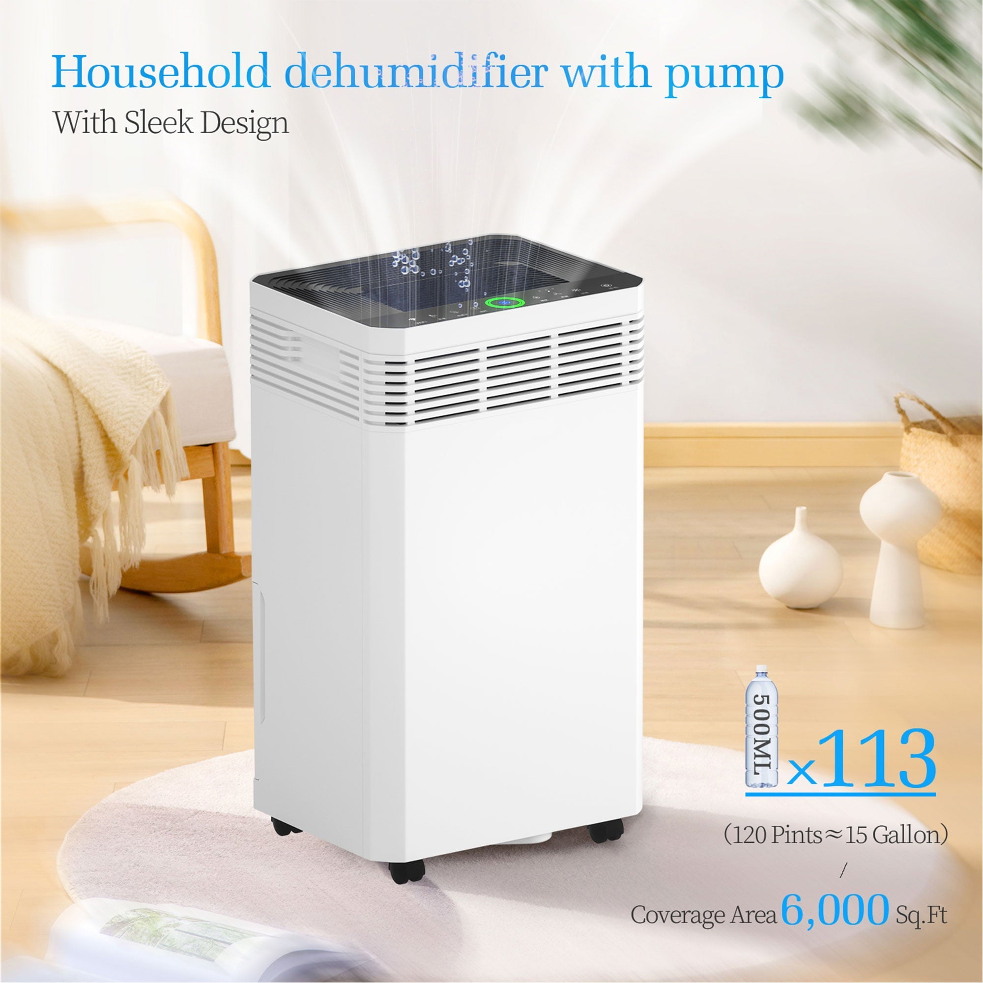 HUMSURE Dehumidifier 8,000 Sq Ft 90 Pint Commercial Home Dehumidifier with Pump, Basement High Capacity Dehumidifier with Drain Hose, Smart Humidity Control, Moisture Removal 120 Pints (95 