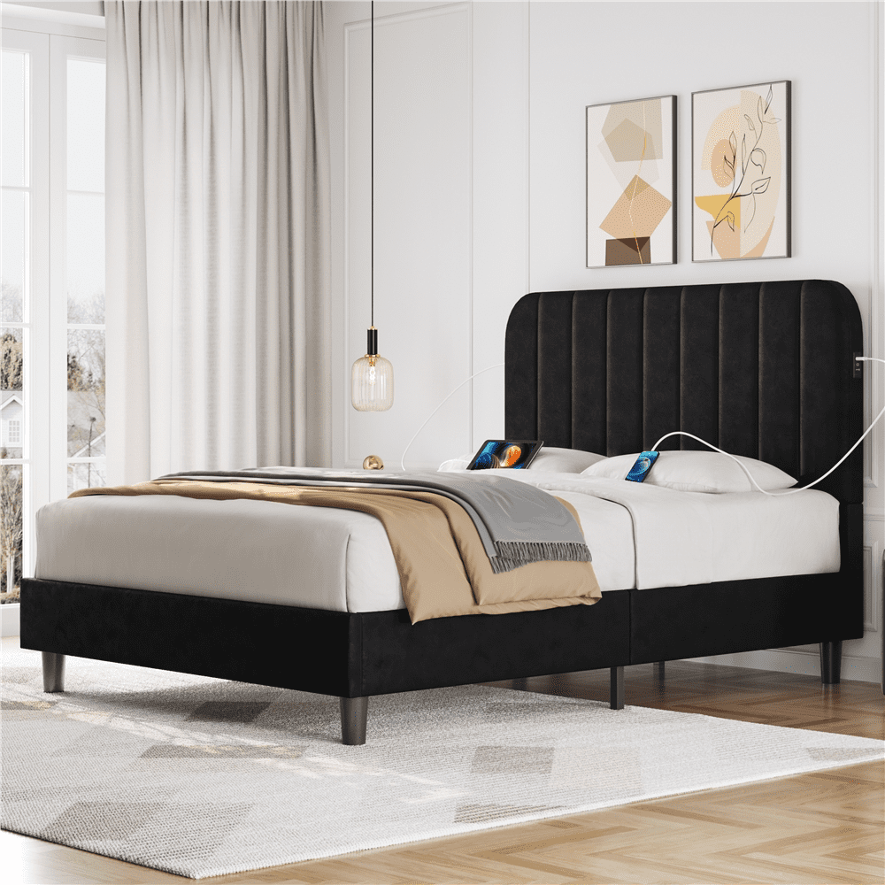 Topeakmart Full Size Upholstered Platform Bed with Built-In USB Ports & Tufted Headboard, Black