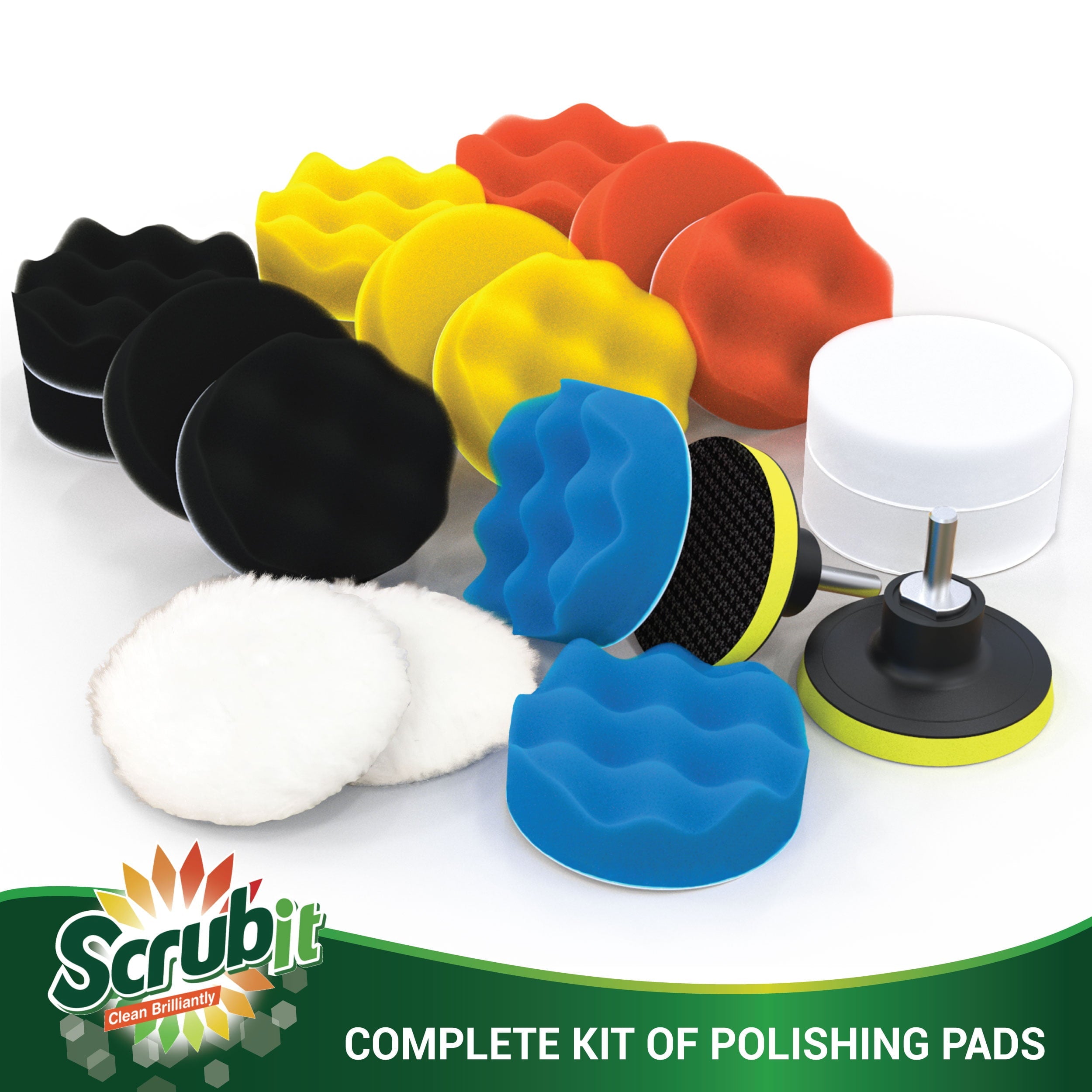 SCRUBIT Car Foam Drill Polishing Pad Kit 22 Pack, Includes 16 Detailing Sponges (3 in.), 2 Wool Buffer Pads, 2 Drill Adapters and Suction Cups for Your Vehicle