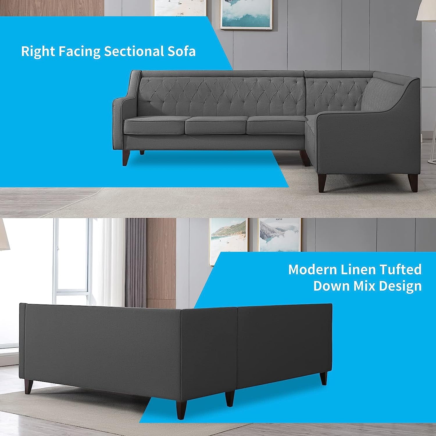 BALUS L Shaped Sofa Couch, Sectional Couches for Living Room, 6-seat Sofa Couch Has Button Tufted Backrest, U Shape Grey Sofa for Living Room/Apartment/Office (Dark Grey)