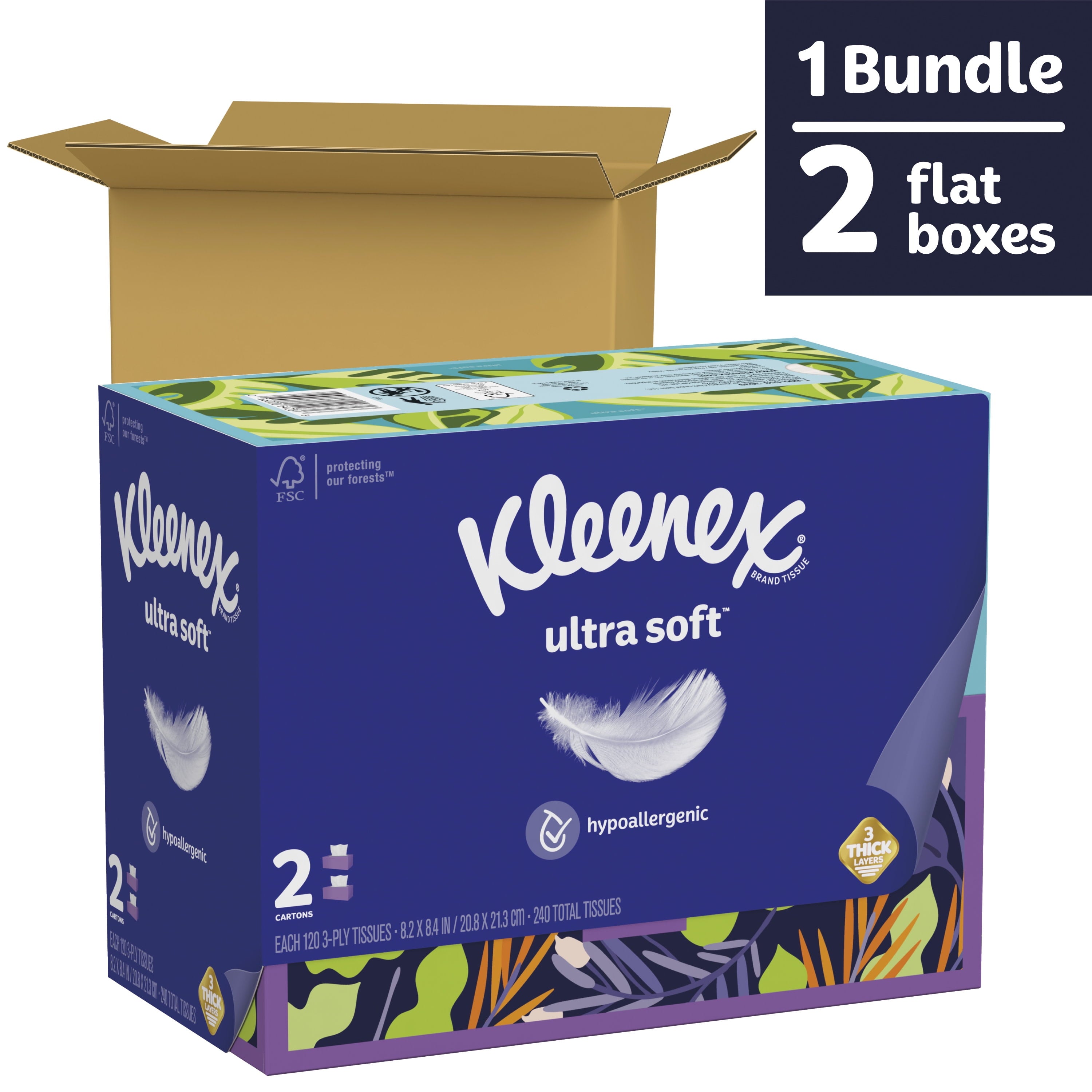 Kleenex Ultra Soft Facial Tissues, 2 Flat Boxes, 120 White Tissues per Box, 3-Ply