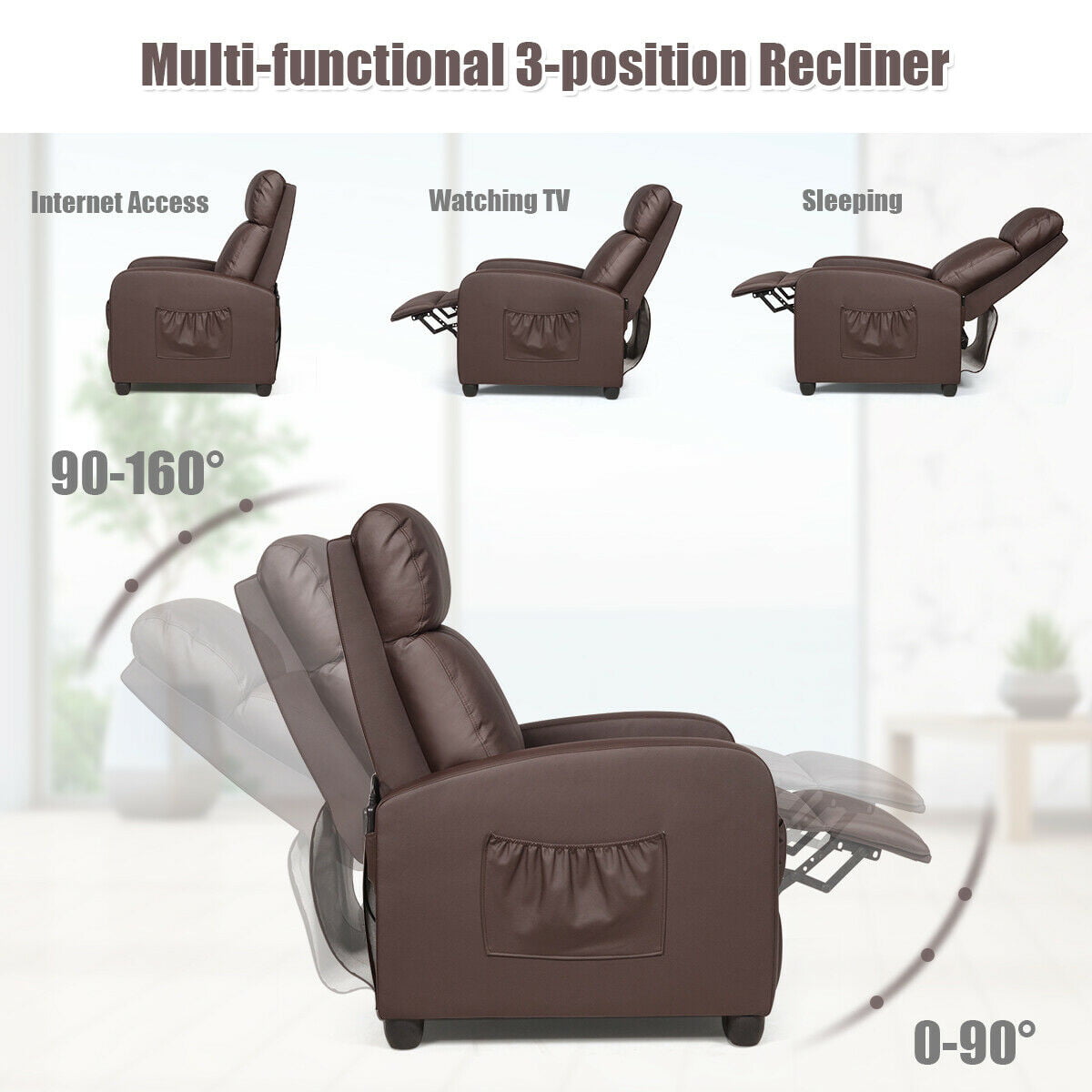 Gymax Massage Recliner Chair Single Sofa PU Leather Padded Seat w/ Footrest Brown