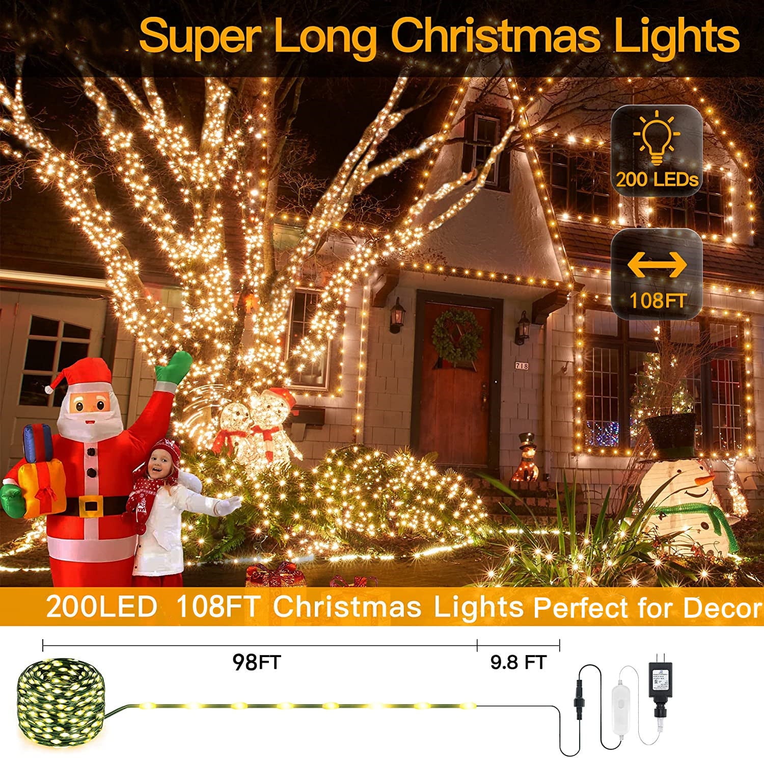 JUHEFA Christmas Lights Outdoor Indoor, 200LED 108FT Christmas Tree Lights IP67 Waterproof, 8 Modes Plug in for House Bedroom Party Yard Decorations, Warm White