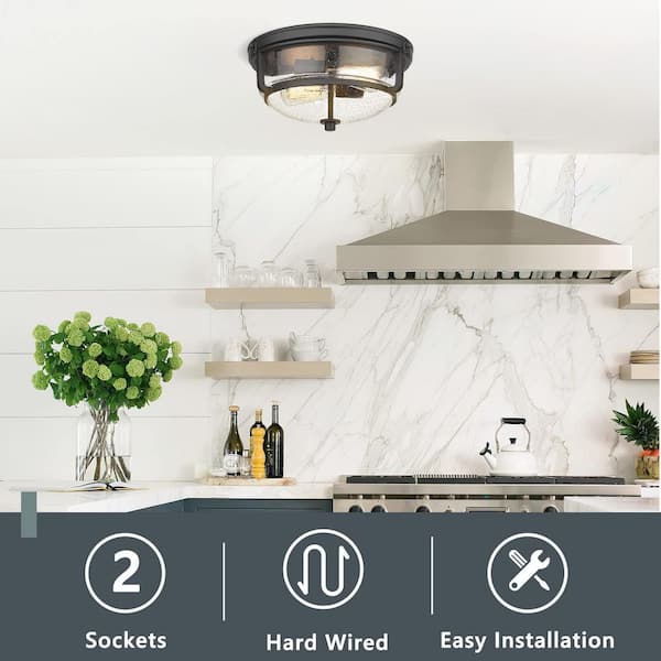 Modern 12 in. 2-Light Black Flush Mount Ceiling Light with Seeded Glass Shade